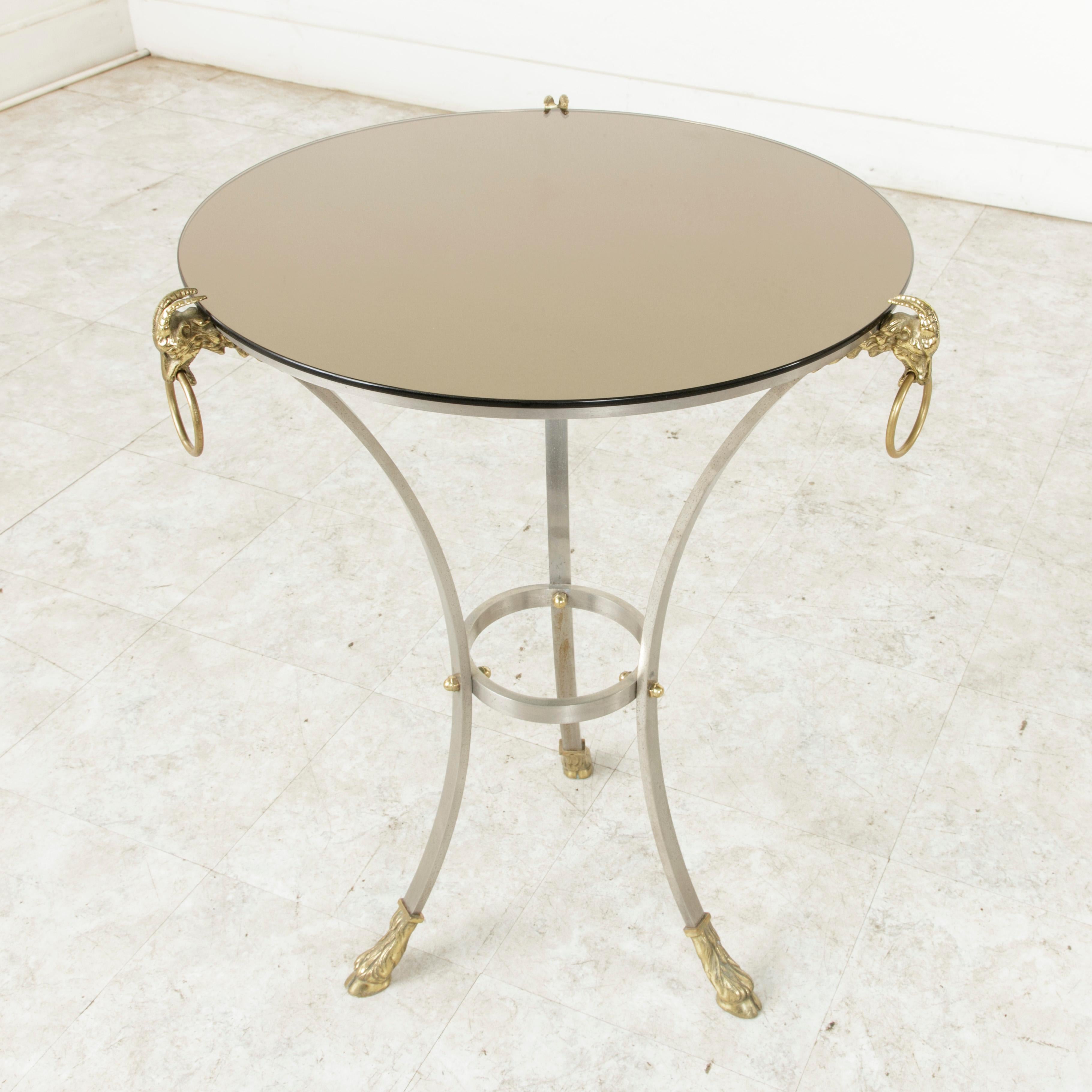 Midcentury French Maison Charles Brass and Steel Gueridon Side Table Rams Heads 2