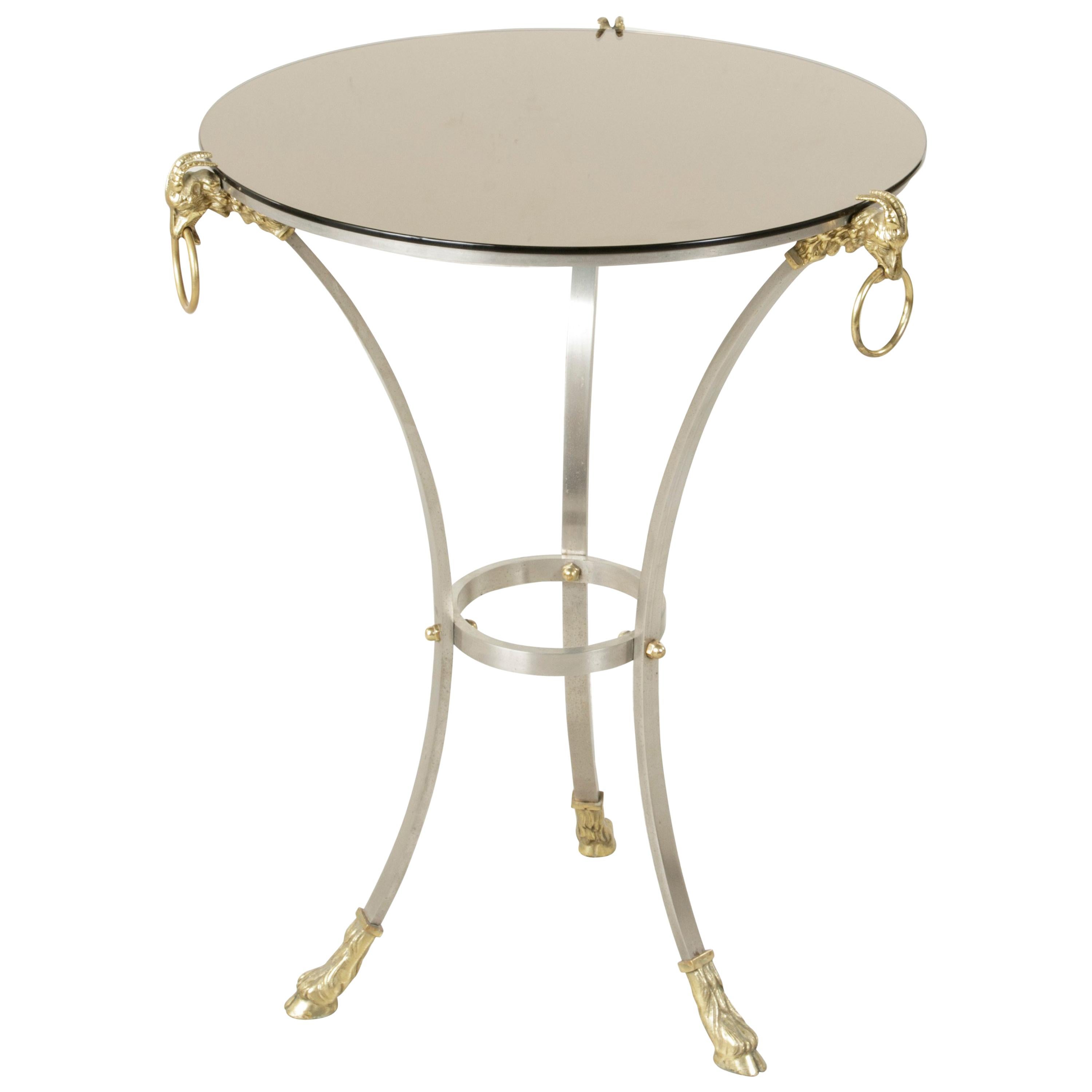 Midcentury French Maison Charles Brass and Steel Gueridon Side Table Rams Heads