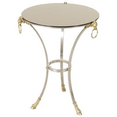 Vintage Midcentury French Maison Charles Brass and Steel Gueridon Side Table Rams Heads