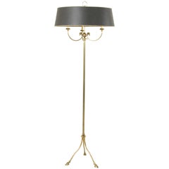 Vintage Midcentury French Maison Charles Brass Floor Lamp with Rams Heads, Black Shade