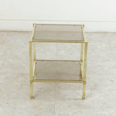 Midcentury French Maison Jansen Brass Side Table, Smoked Glass Top and Shelf