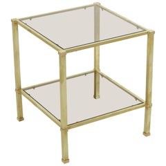 Midcentury French Maison Jansen Brass Side Table, Smoked Glass Top and Shelf