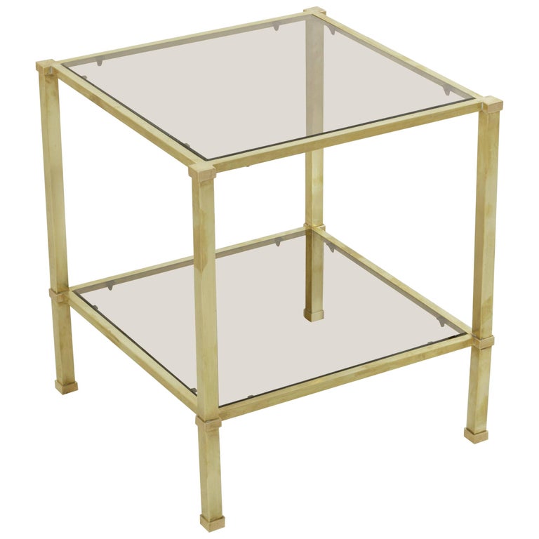 Midcentury French Maison Jansen Brass Side Table Smoked Glass Top And Shelf