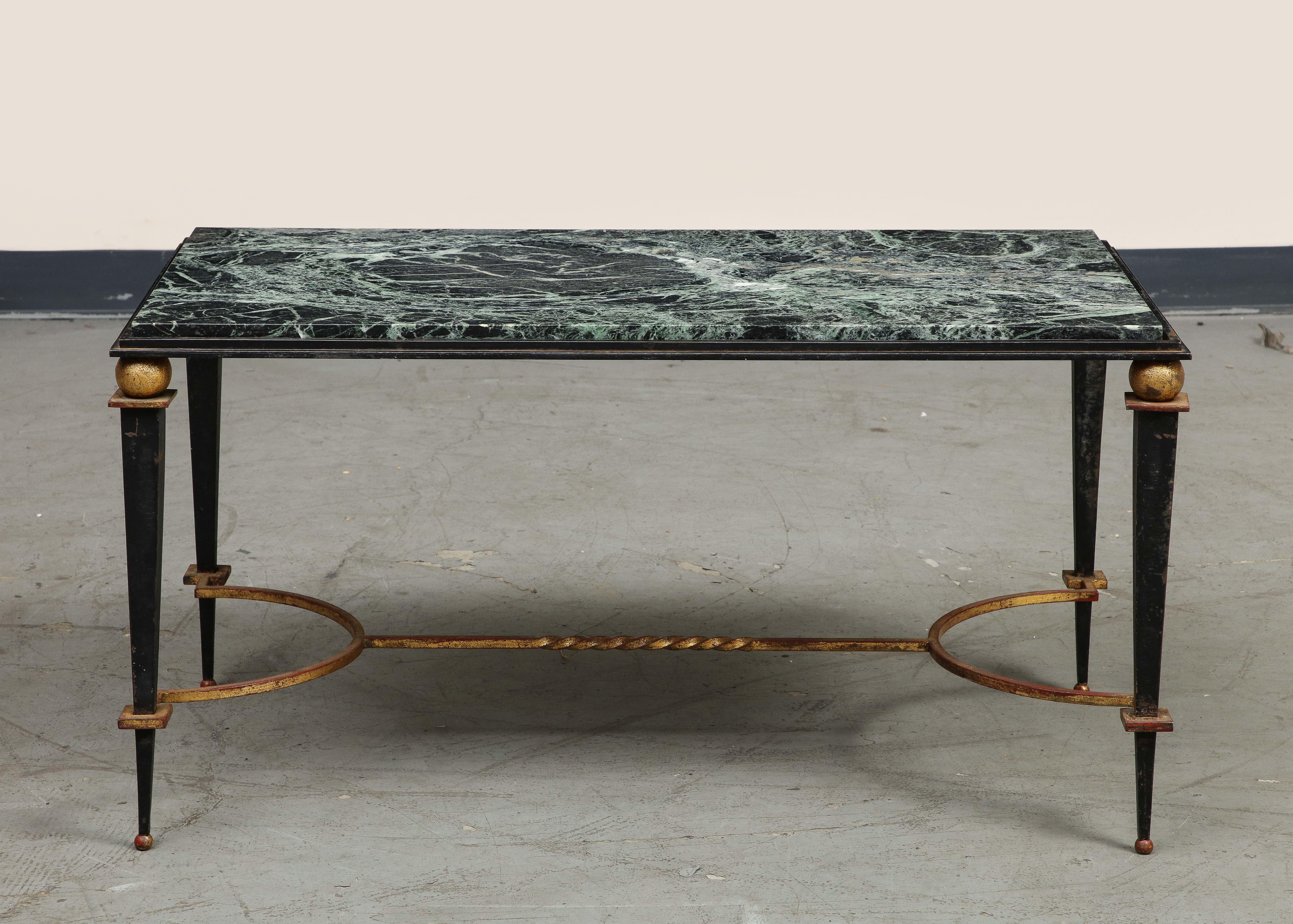Midcentury French Maison Jansen Style Iron & Green Marble Coffee Table For Sale 9