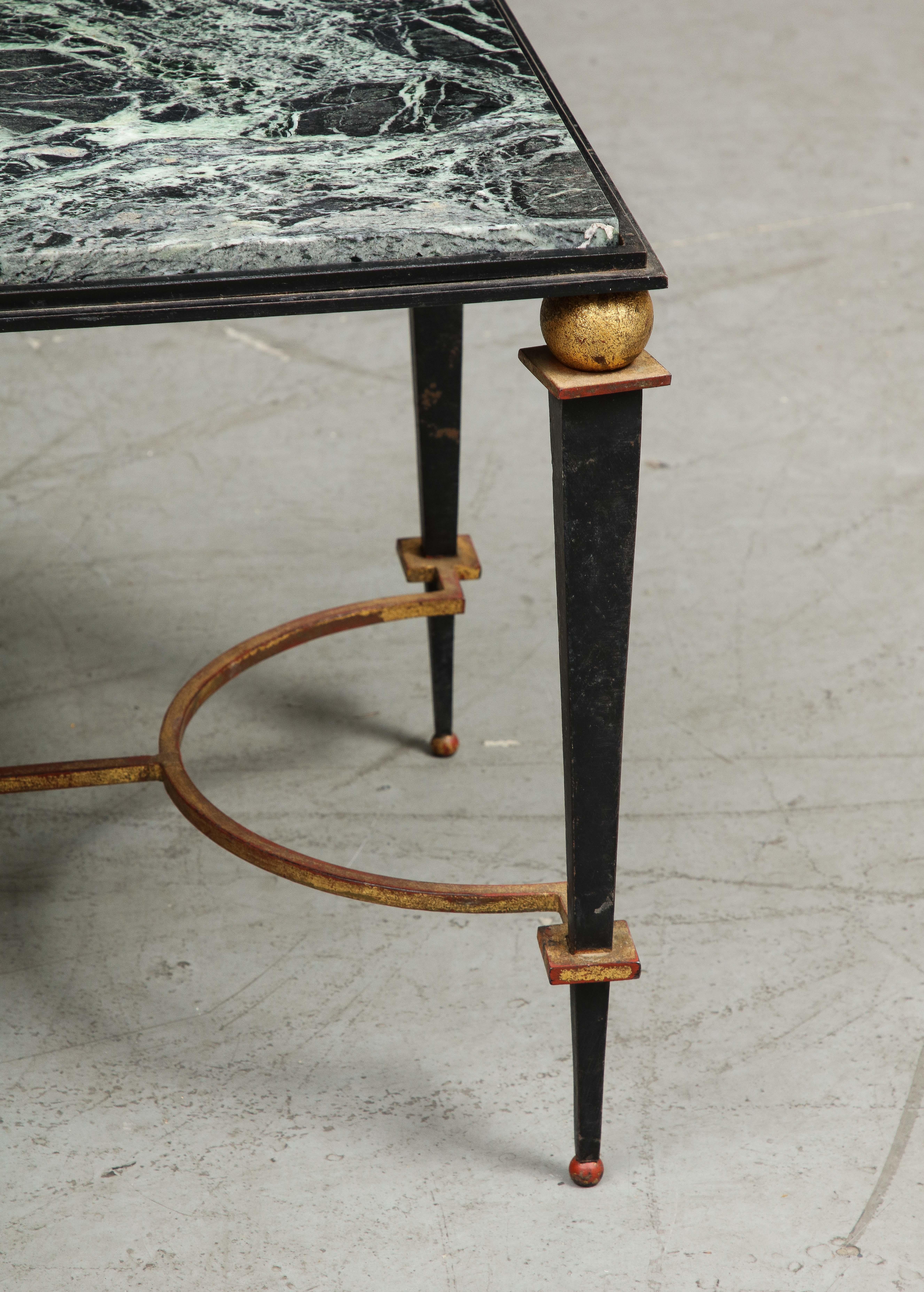 Neoclassical Midcentury French Maison Jansen Style Iron & Green Marble Coffee Table For Sale