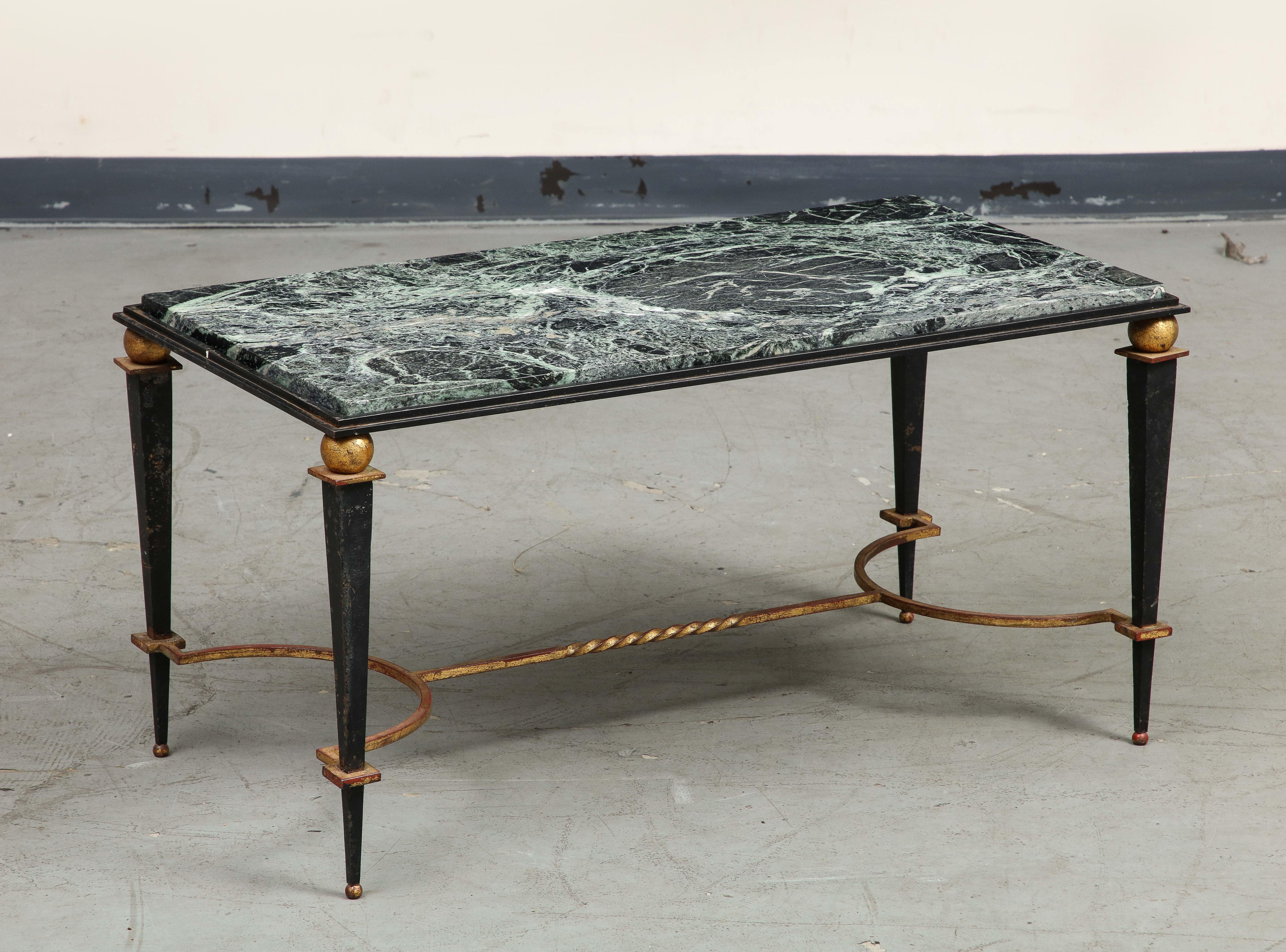Midcentury French Maison Jansen Style Iron & Green Marble Coffee Table For Sale 1
