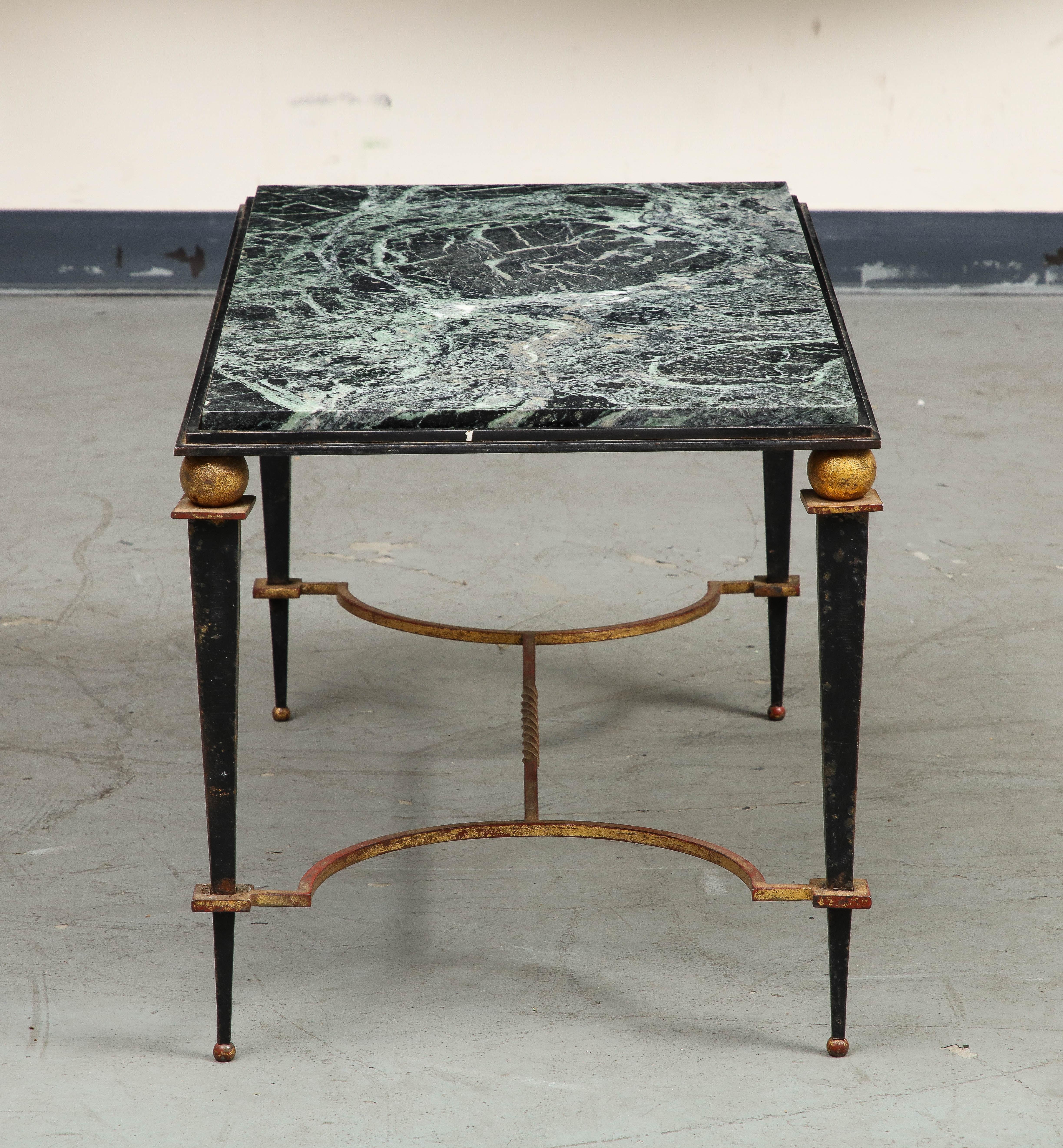 Midcentury French Maison Jansen Style Iron & Green Marble Coffee Table For Sale 4