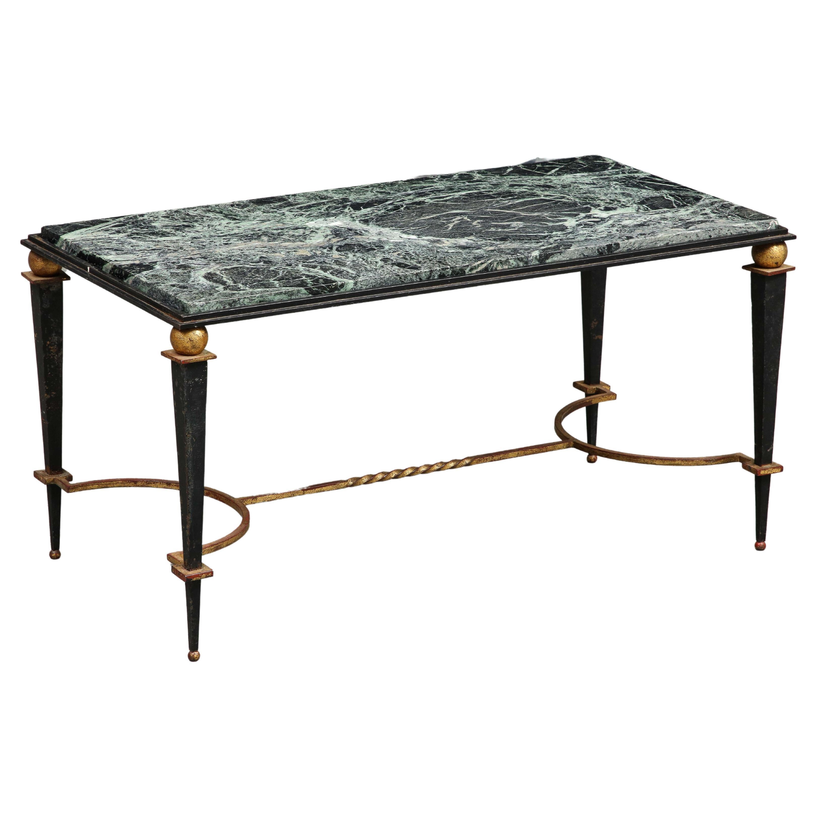Midcentury French Maison Jansen Style Iron & Green Marble Coffee Table For Sale