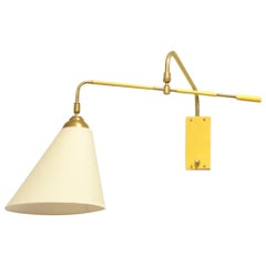 Midcentury French Maison Lunel Yellow Metal and White Textile Arm Lamp