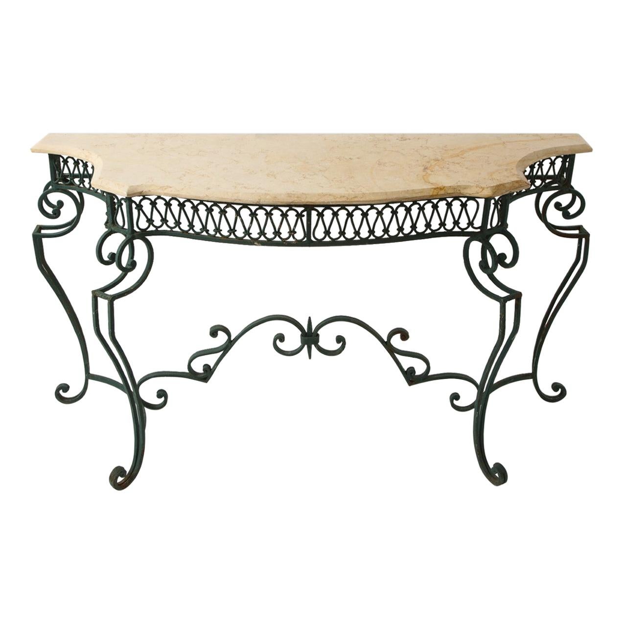 Midcentury French Marble & Iron Poillerat-Style Console Table