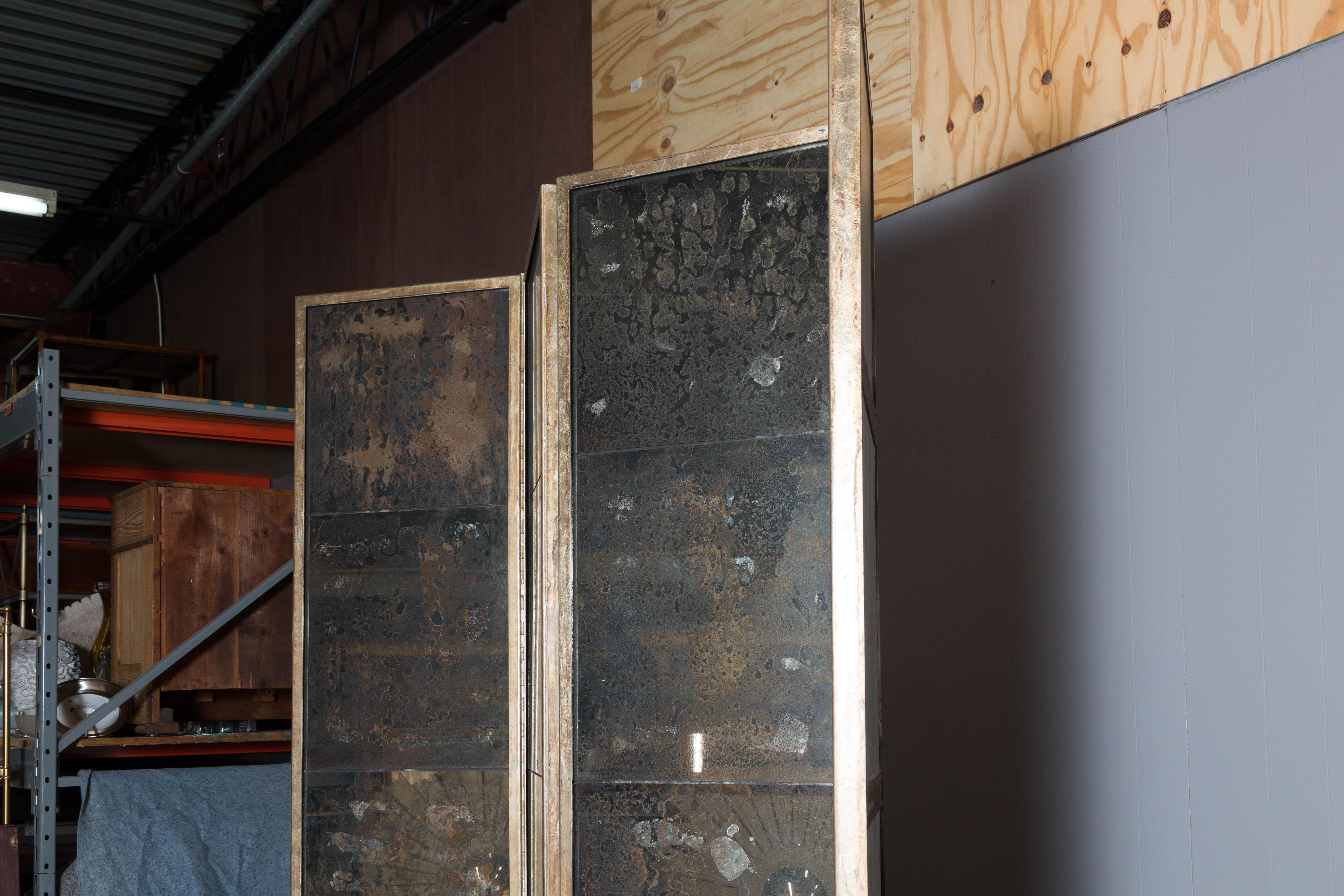 Midcentury French Mirrored Screen with Four Panels and Heavy Antiquing 3