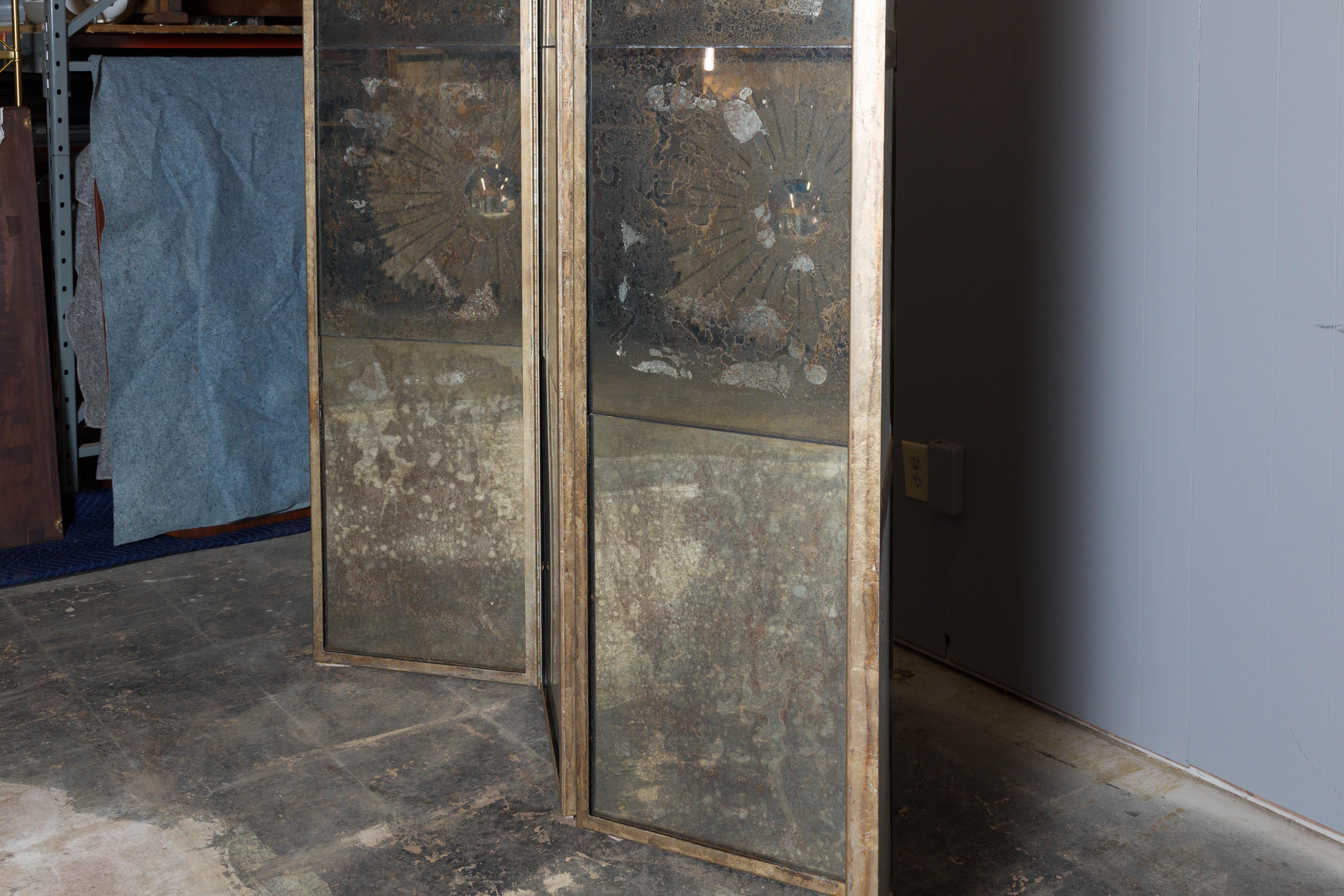 Midcentury French Mirrored Screen with Four Panels and Heavy Antiquing 5