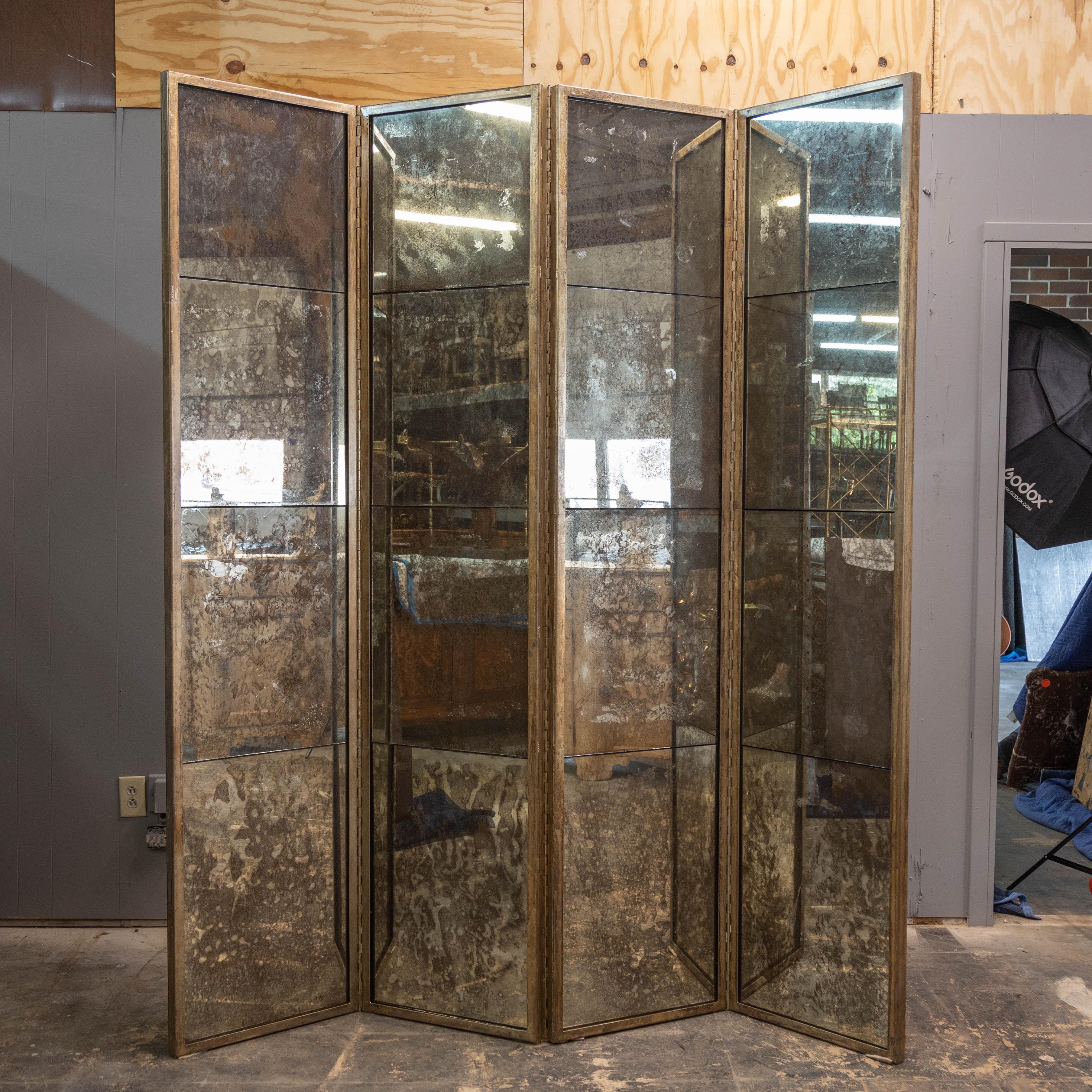 Mid-Century Modern Midcentury French Mirrored Screen with Four Panels and Heavy Antiquing