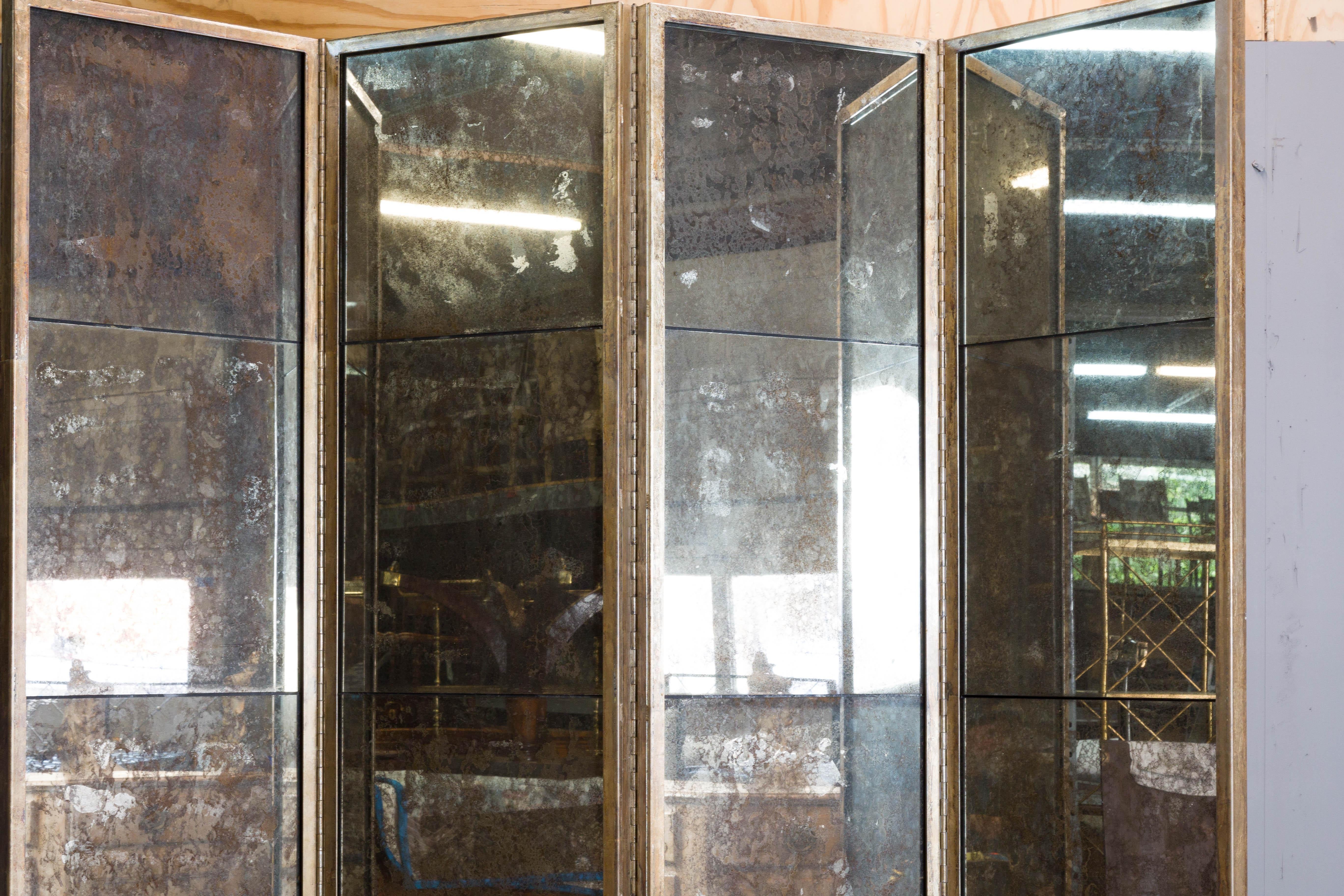 Mid-Century Modern Midcentury French Mirrored Screen with Four Panels and Heavy Antiquing