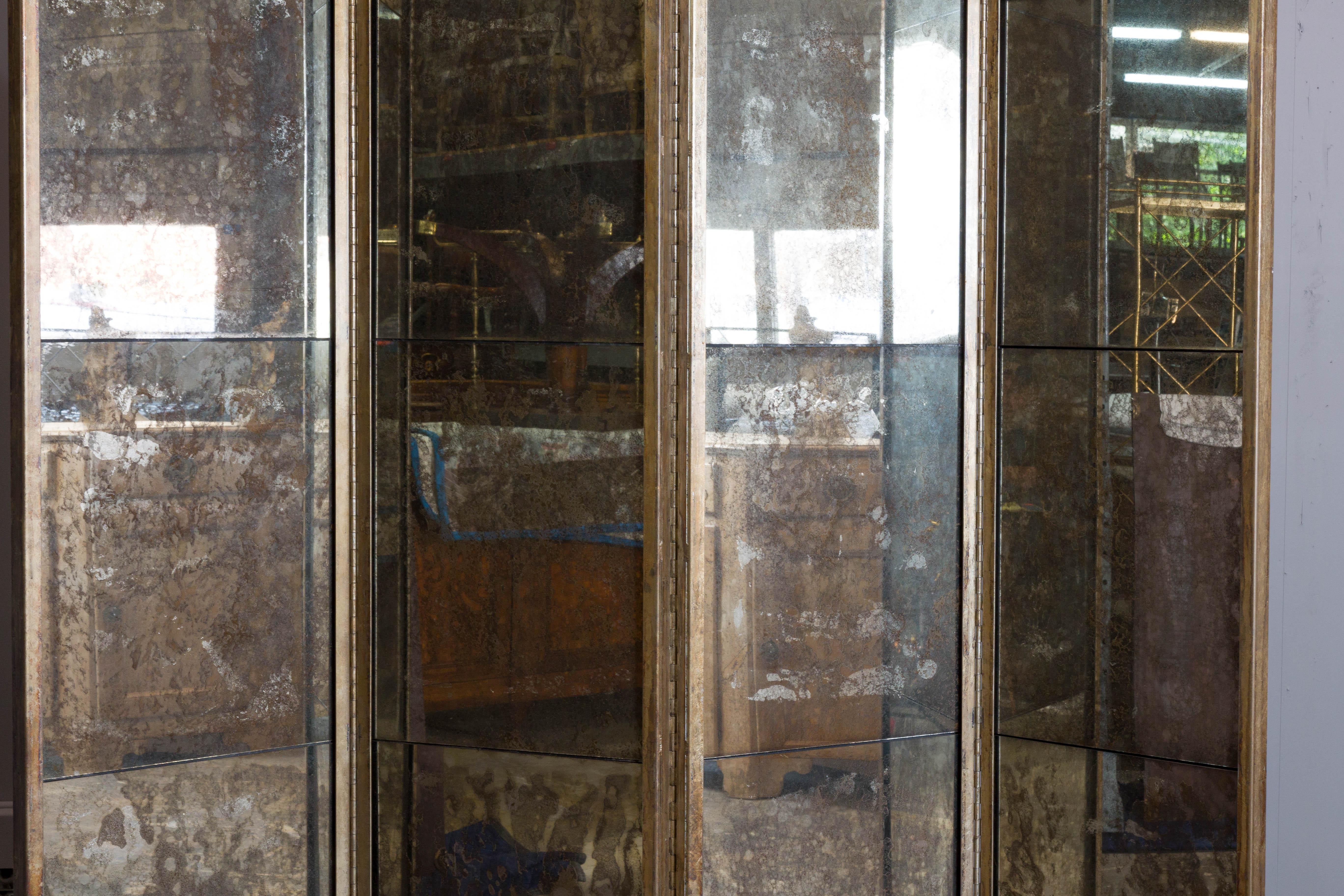20th Century Midcentury French Mirrored Screen with Four Panels and Heavy Antiquing