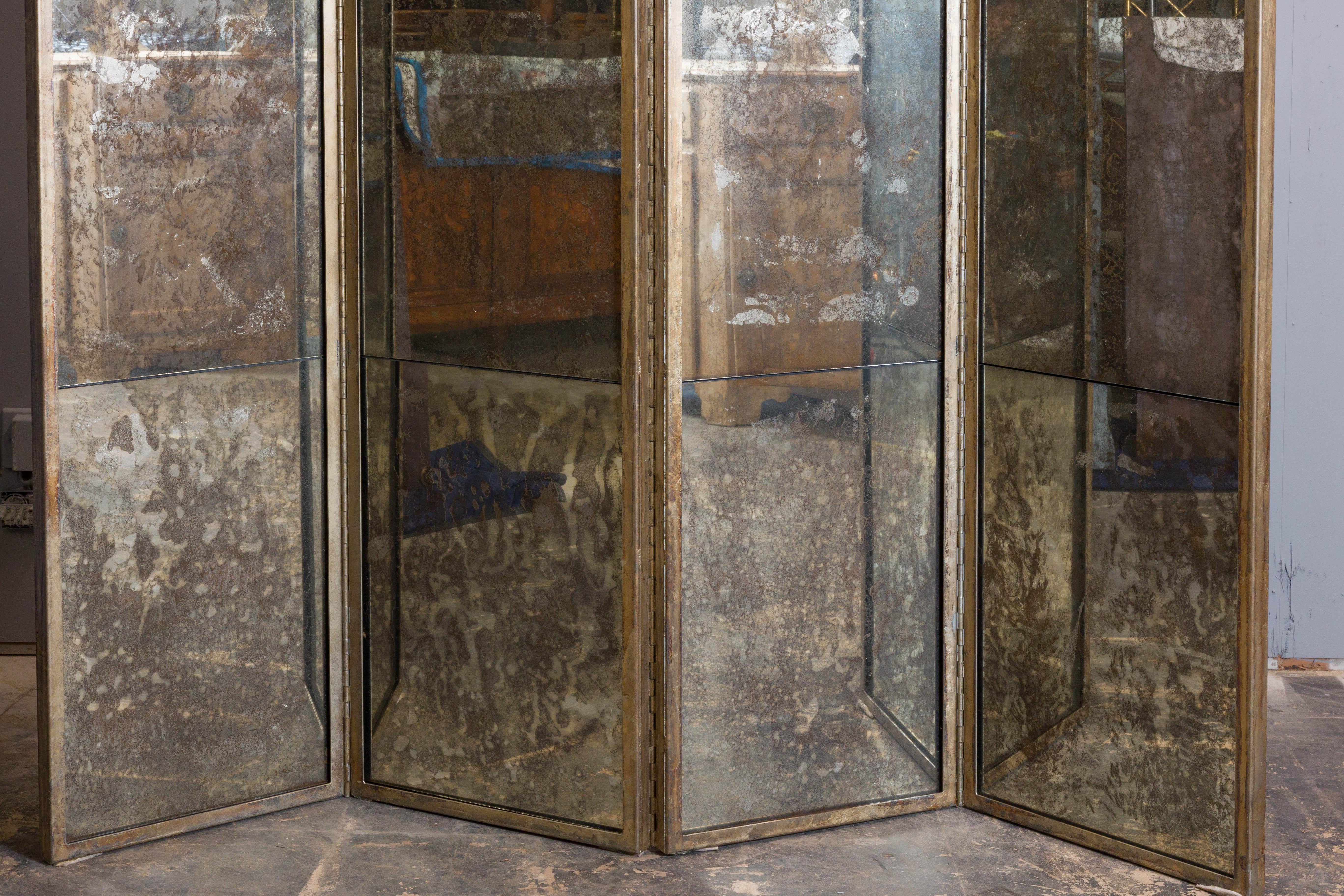 Metal Midcentury French Mirrored Screen with Four Panels and Heavy Antiquing