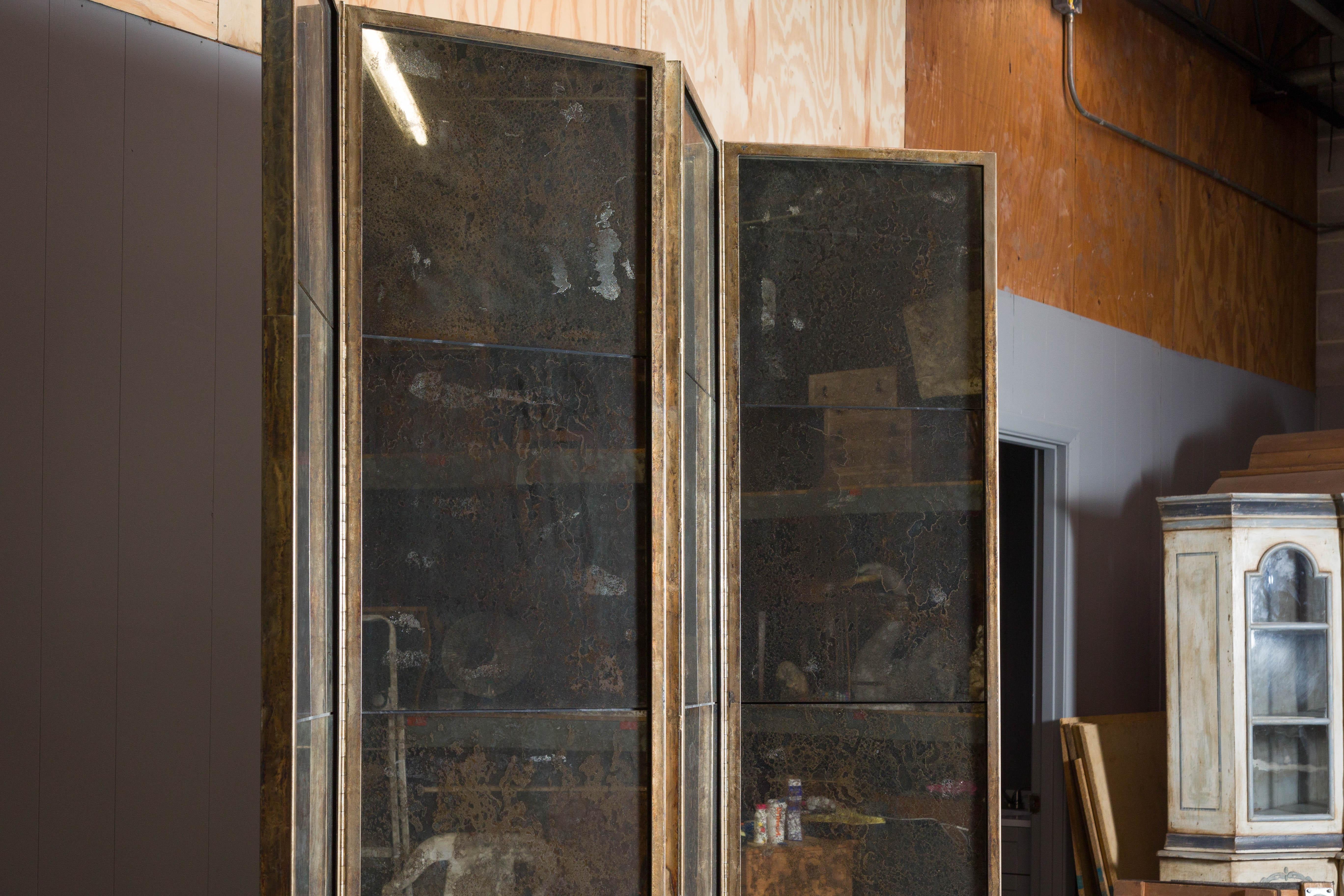 Metal Midcentury French Mirrored Screen with Four Panels and Heavy Antiquing