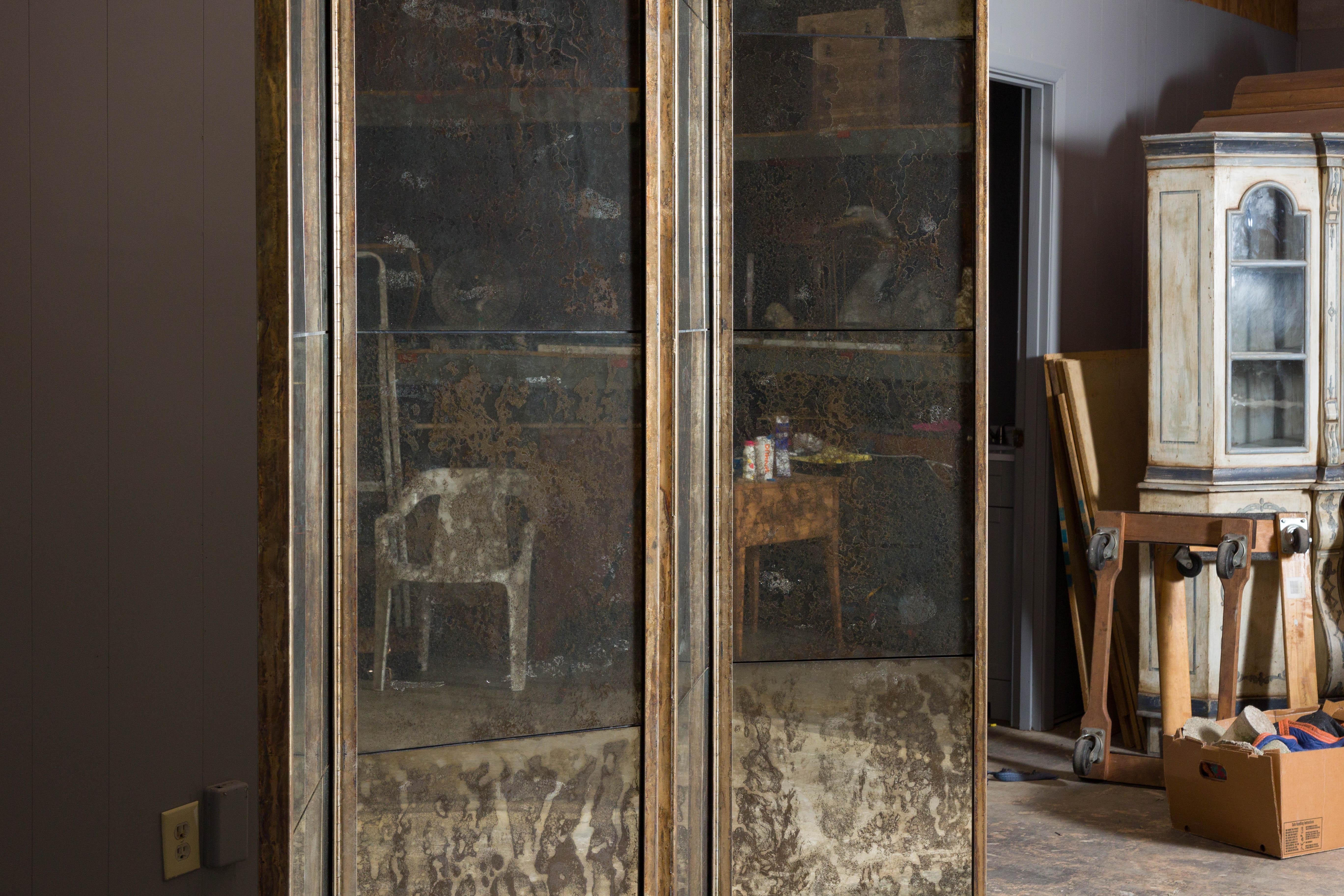 Midcentury French Mirrored Screen with Four Panels and Heavy Antiquing 1