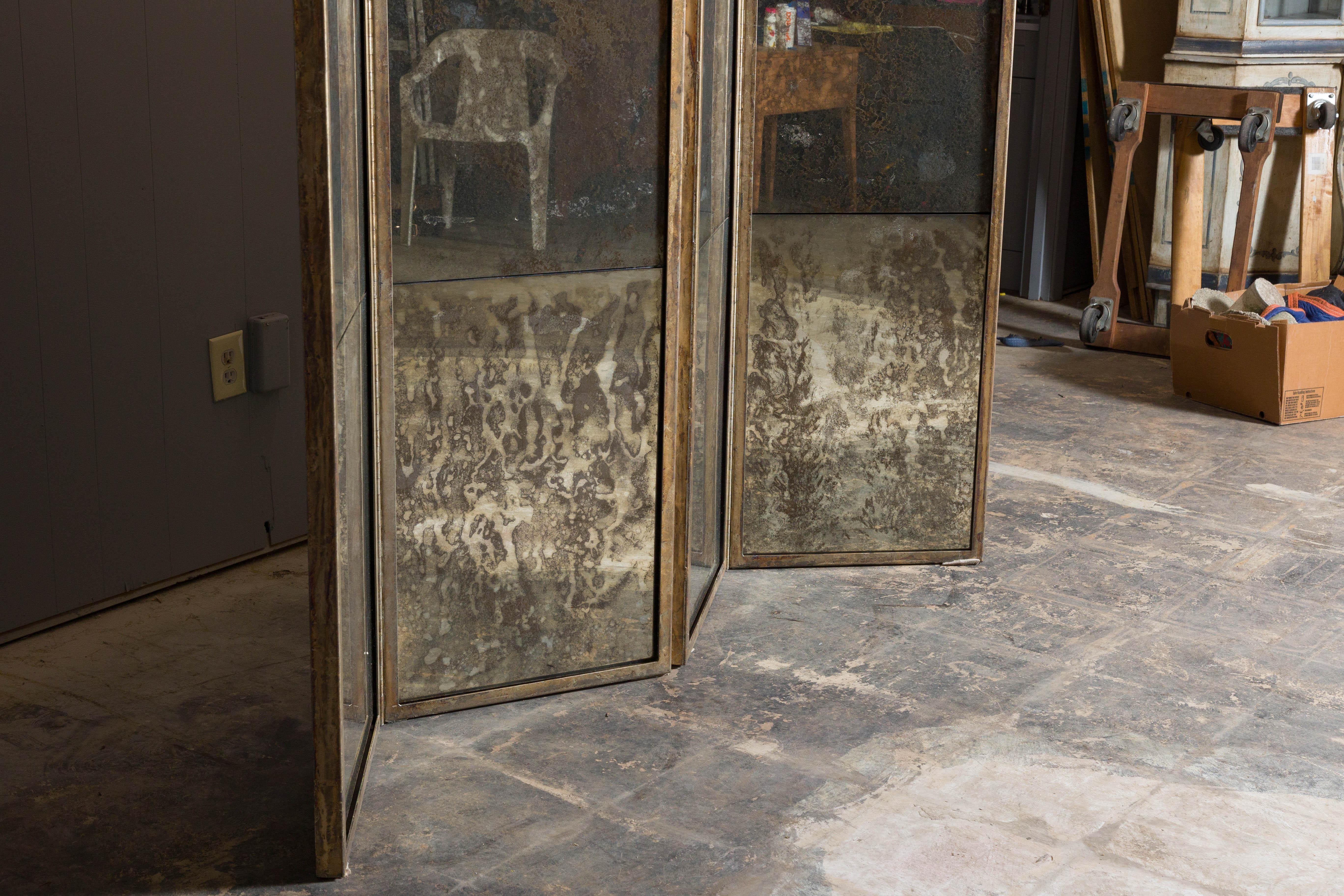 Midcentury French Mirrored Screen with Four Panels and Heavy Antiquing 3