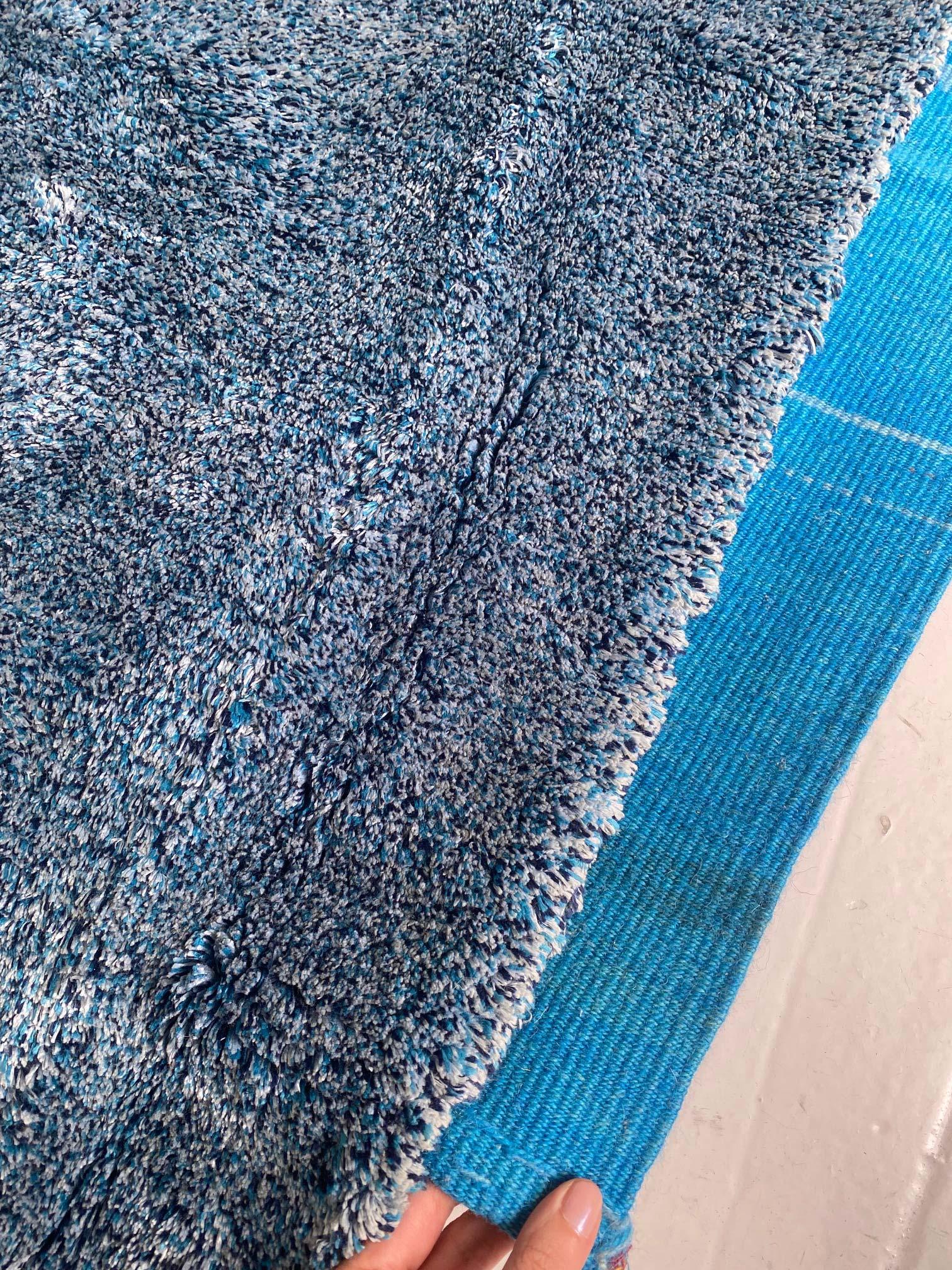 Midcentury French Modern Blue Handmade Wool Rug For Sale 4