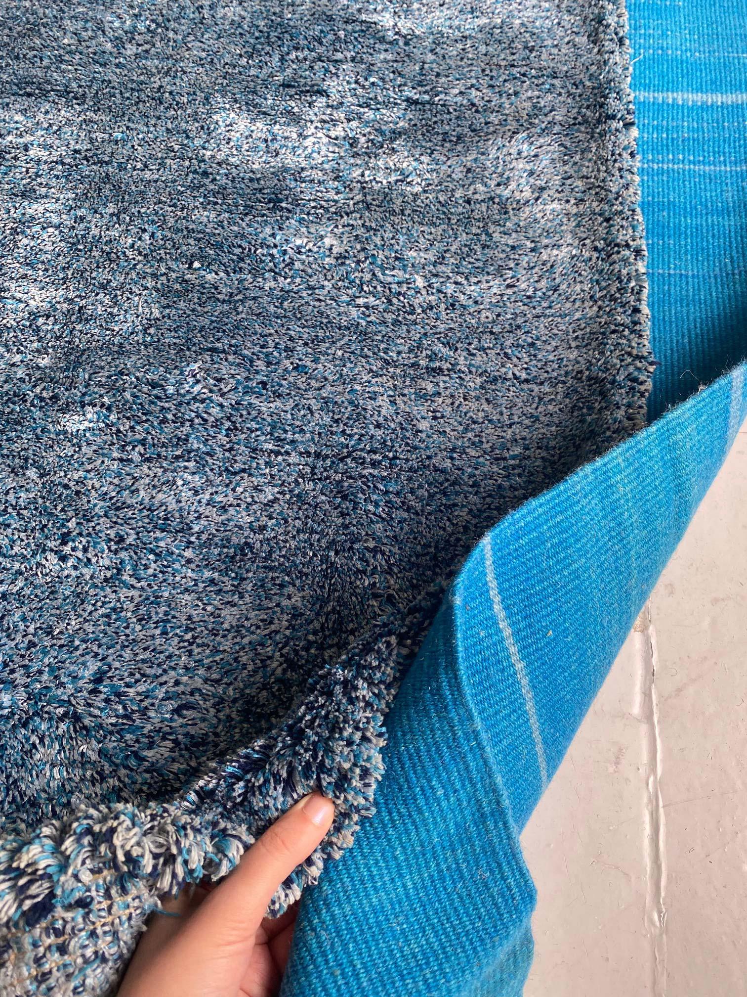 Midcentury French Modern Blue Handmade Wool Rug For Sale 5