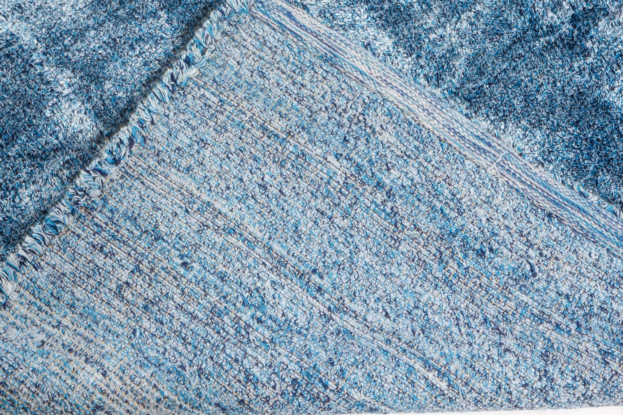 Midcentury French Modern Blue Handmade Wool Rug For Sale 6
