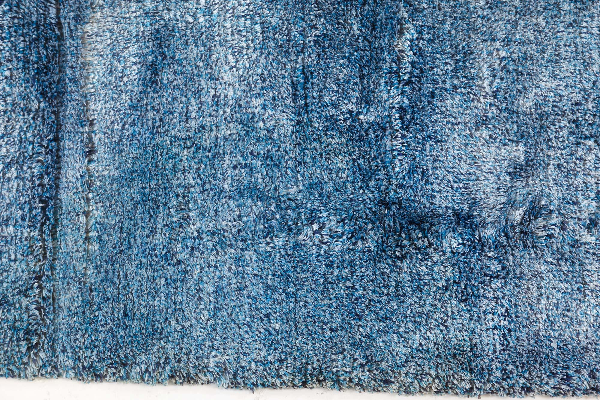 Midcentury French Modern Blue Handmade Wool Rug For Sale 1