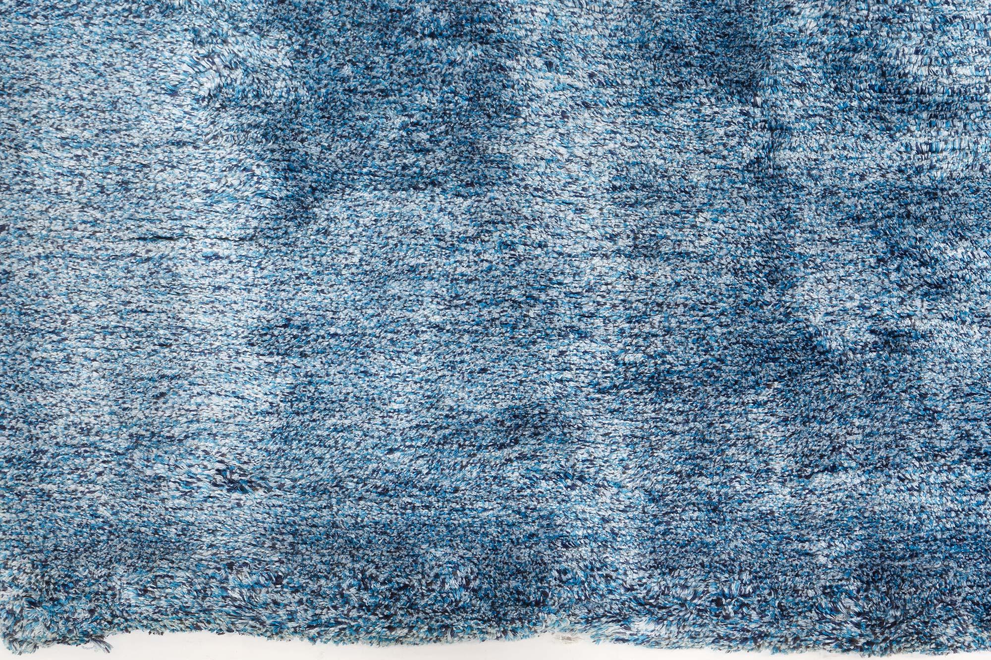 Midcentury French Modern Blue Handmade Wool Rug For Sale 2