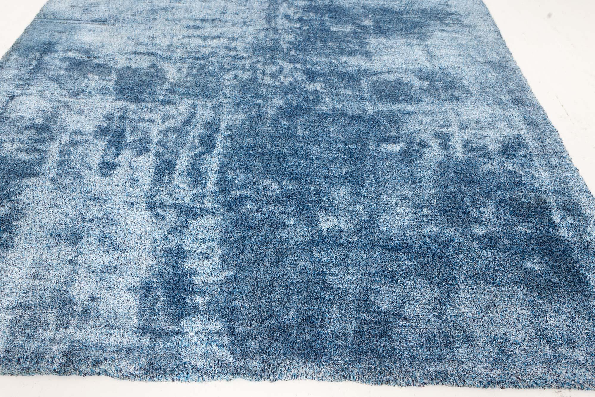 Midcentury French Modern Blue Handmade Wool Rug For Sale 3