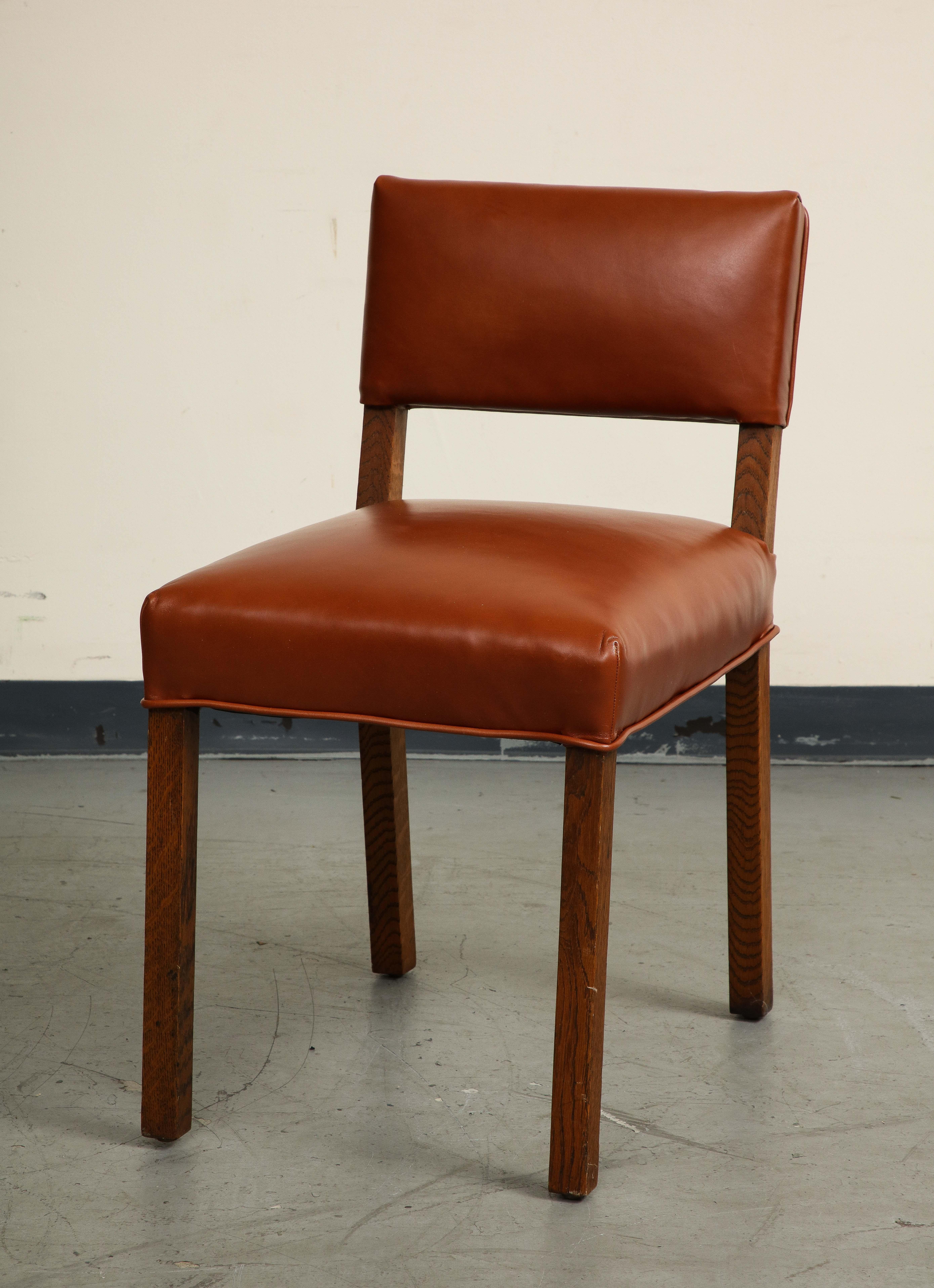 Mid-Century French Oak and Brown Leather Side Chairs, Set of 5 For Sale 12
