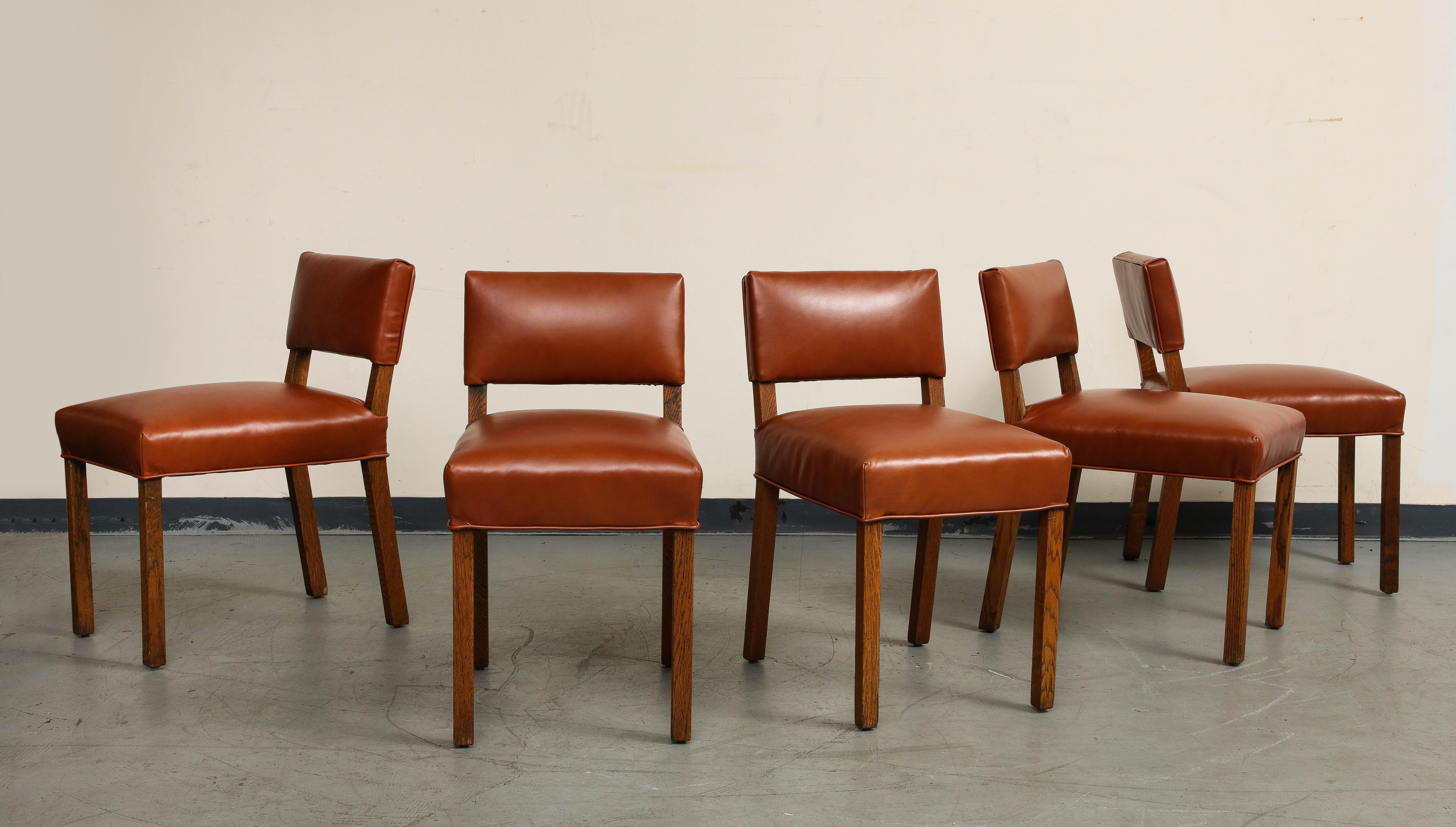 Mid-Century Modern Mid-Century French Oak and Brown Leather Side Chairs, Set of 5 For Sale