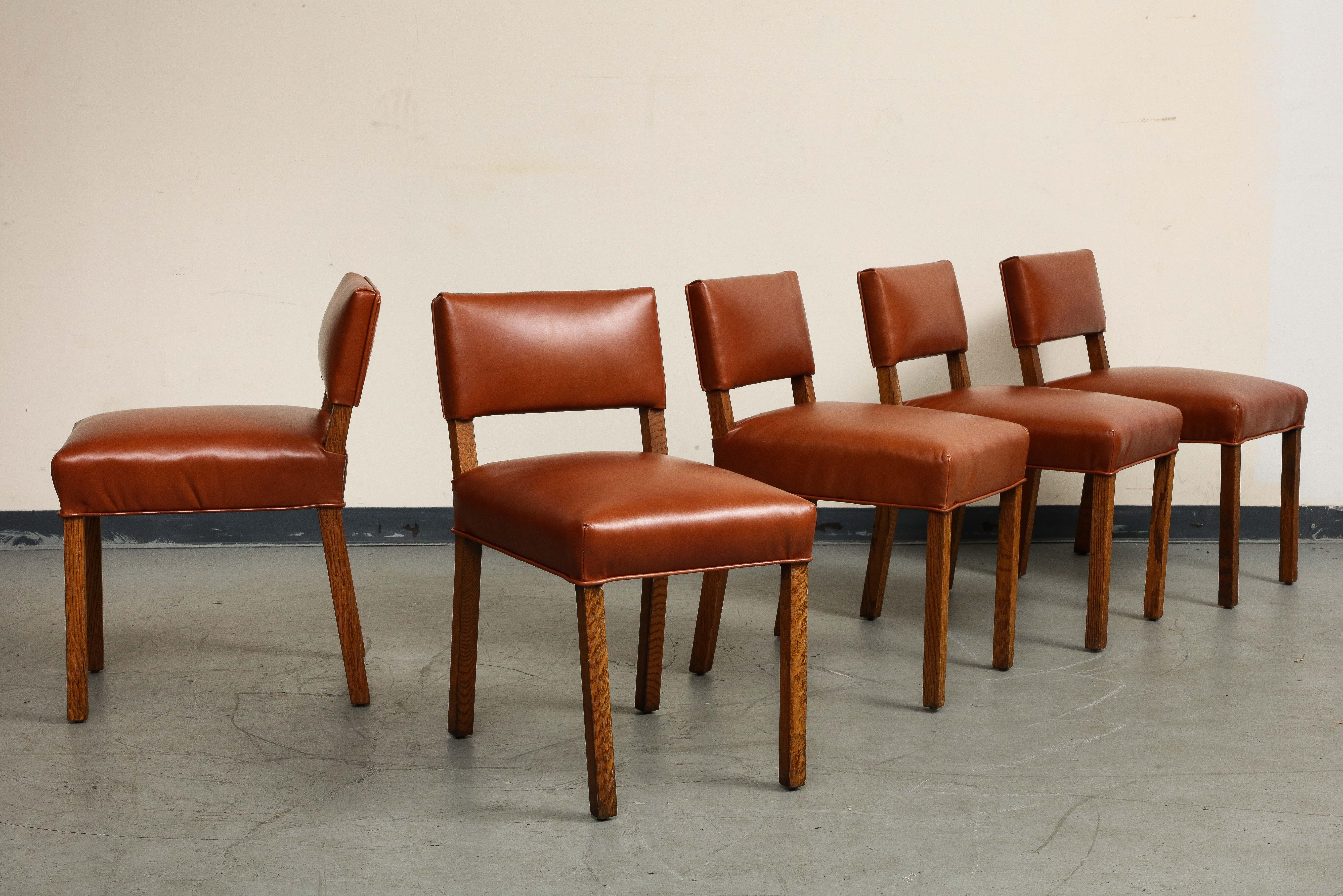 20th Century Mid-Century French Oak and Brown Leather Side Chairs, Set of 5 For Sale