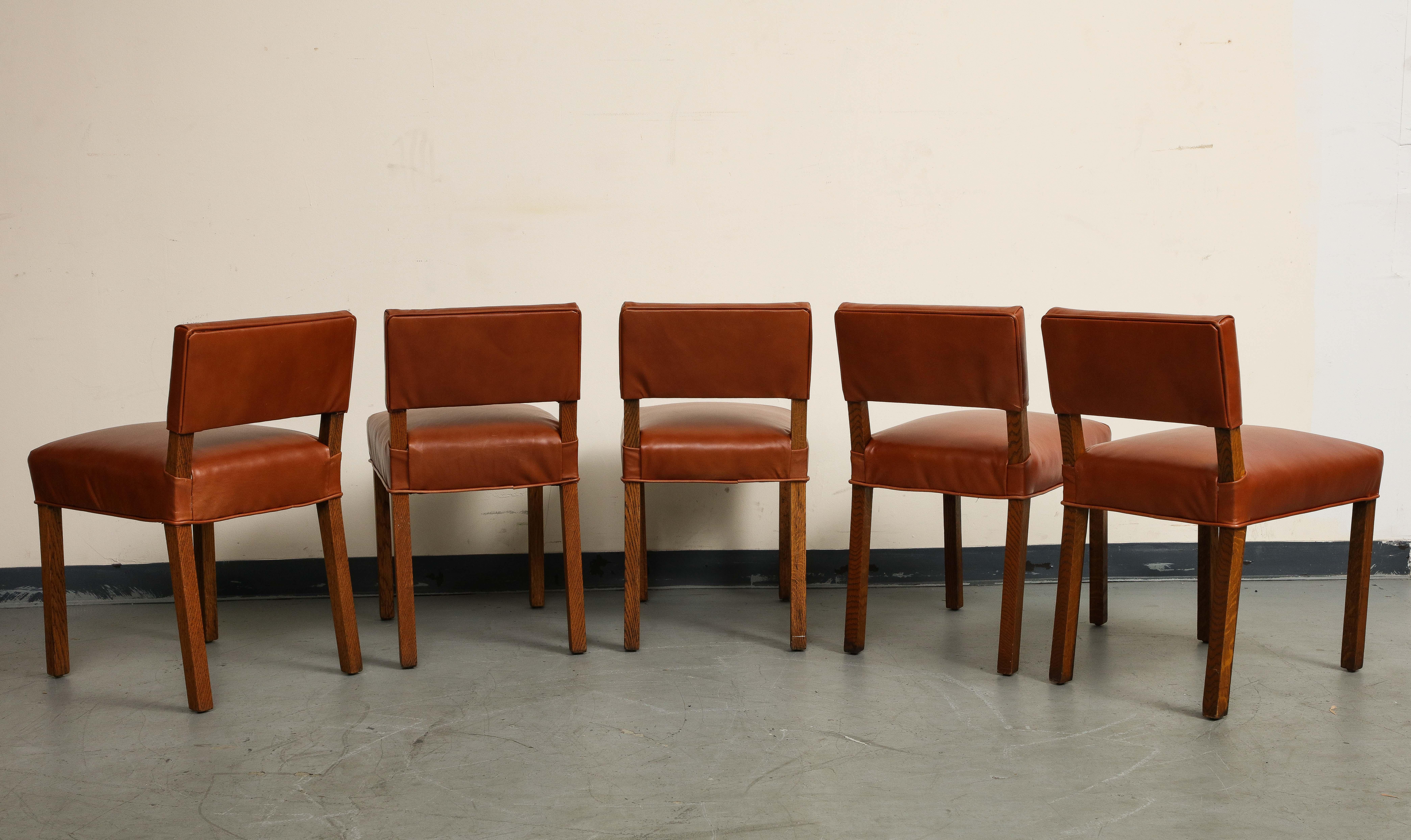 Mid-Century French Oak and Brown Leather Side Chairs, Set of 5 For Sale 1
