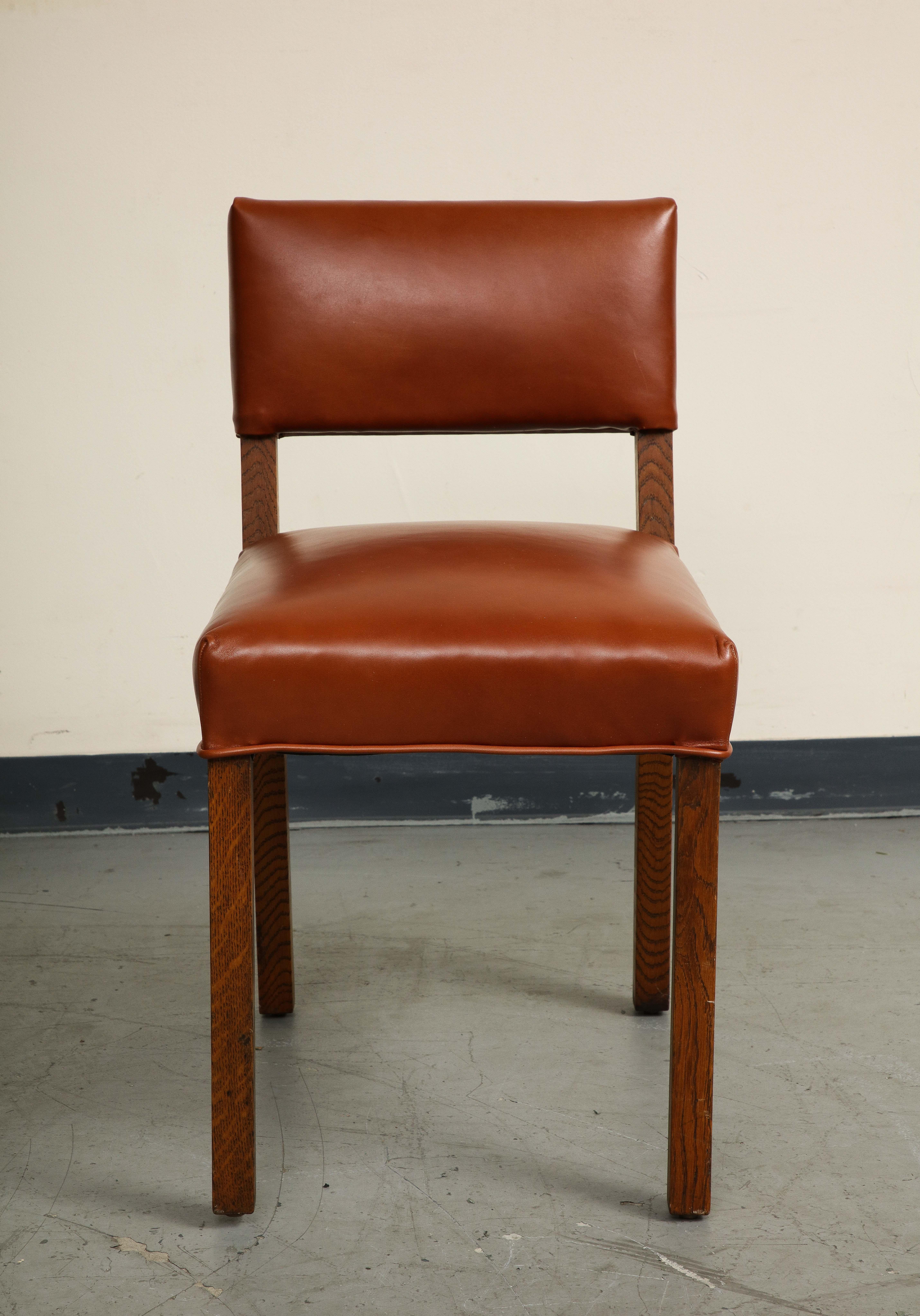 Mid-Century French Oak and Brown Leather Side Chairs, Set of 5 For Sale 2