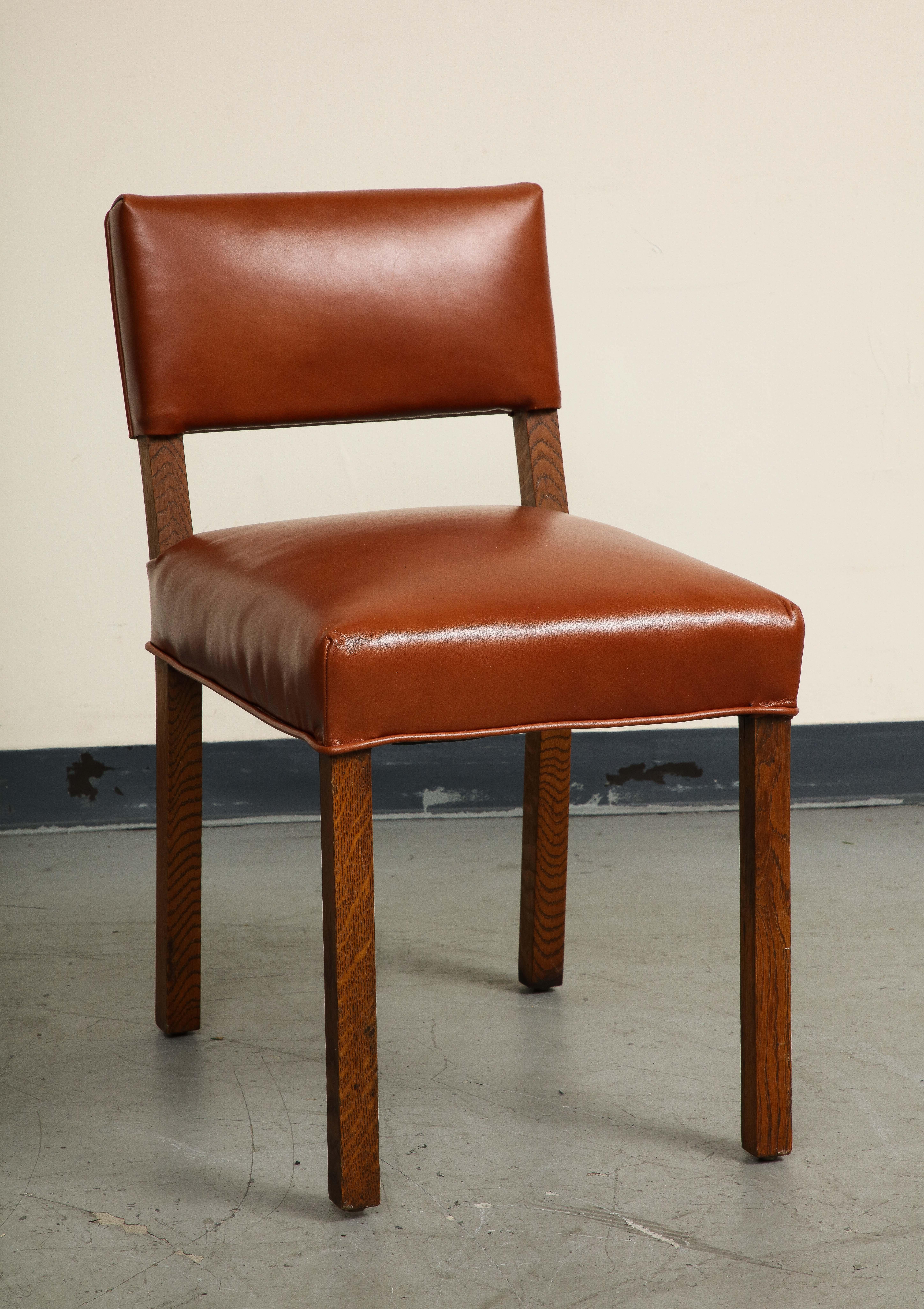 Mid-Century French Oak and Brown Leather Side Chairs, Set of 5 For Sale 3