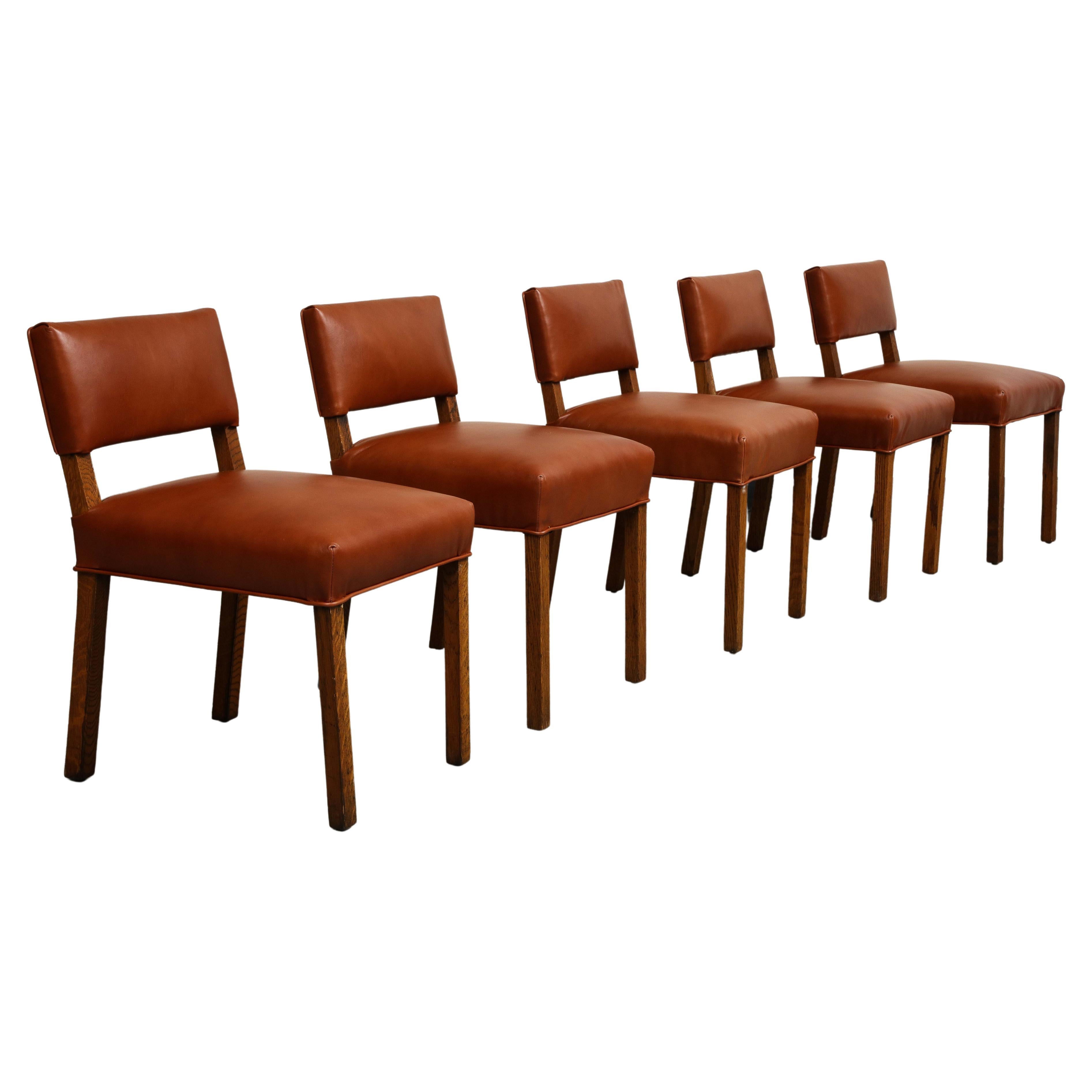 Mid-Century French Oak and Brown Leather Side Chairs, Set of 5 For Sale