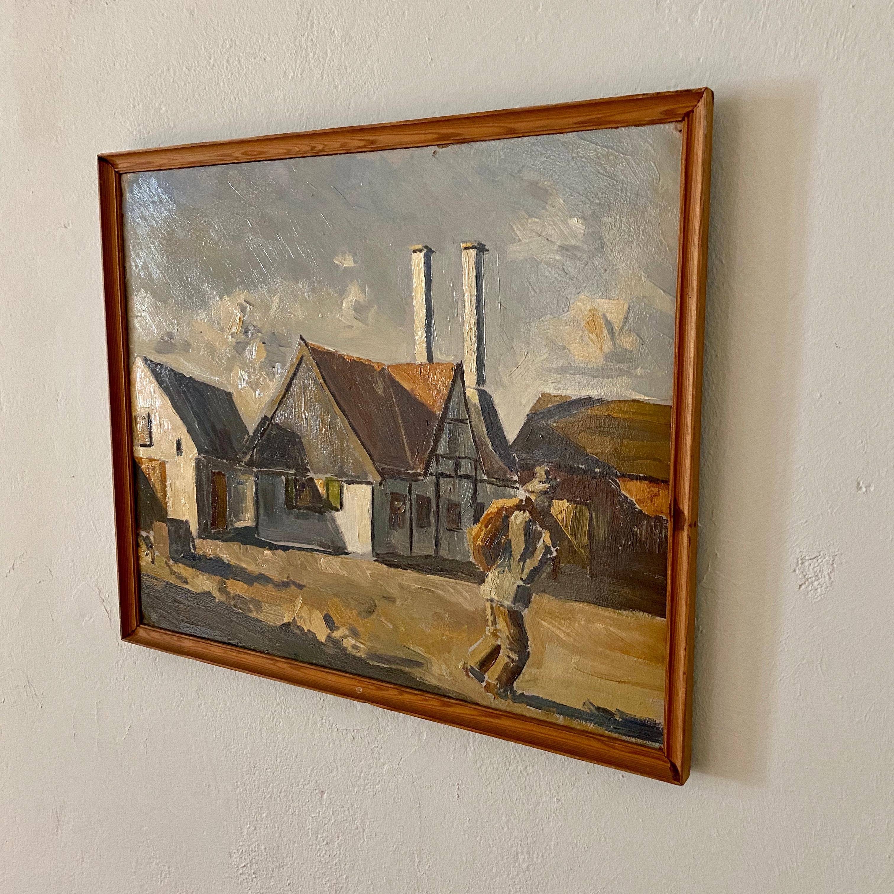 Mid-Century Modern Midcentury French Oil Painting of a Landscape in Original Frame, circa 1940