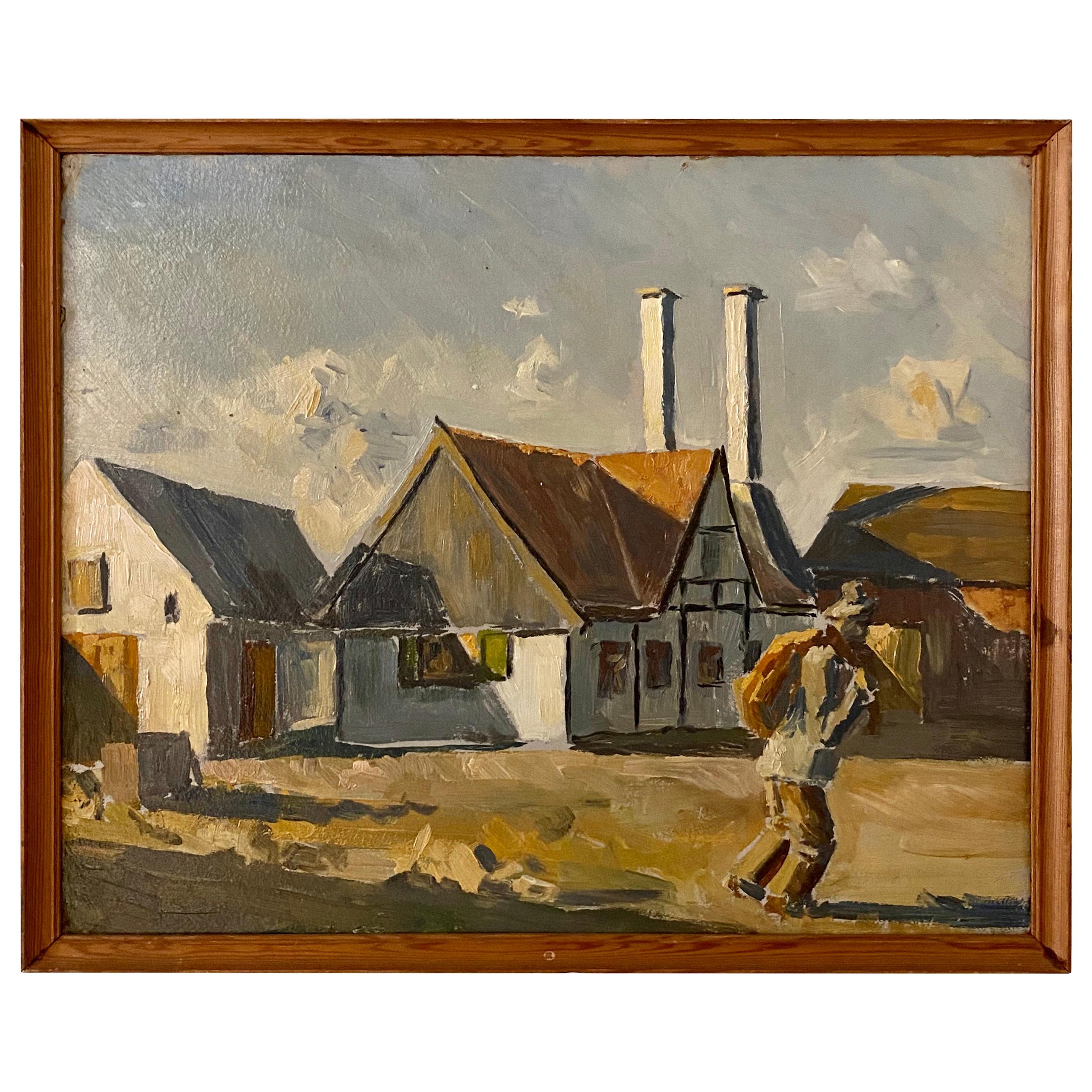 Midcentury French Oil Painting of a Landscape in Original Frame, circa 1940