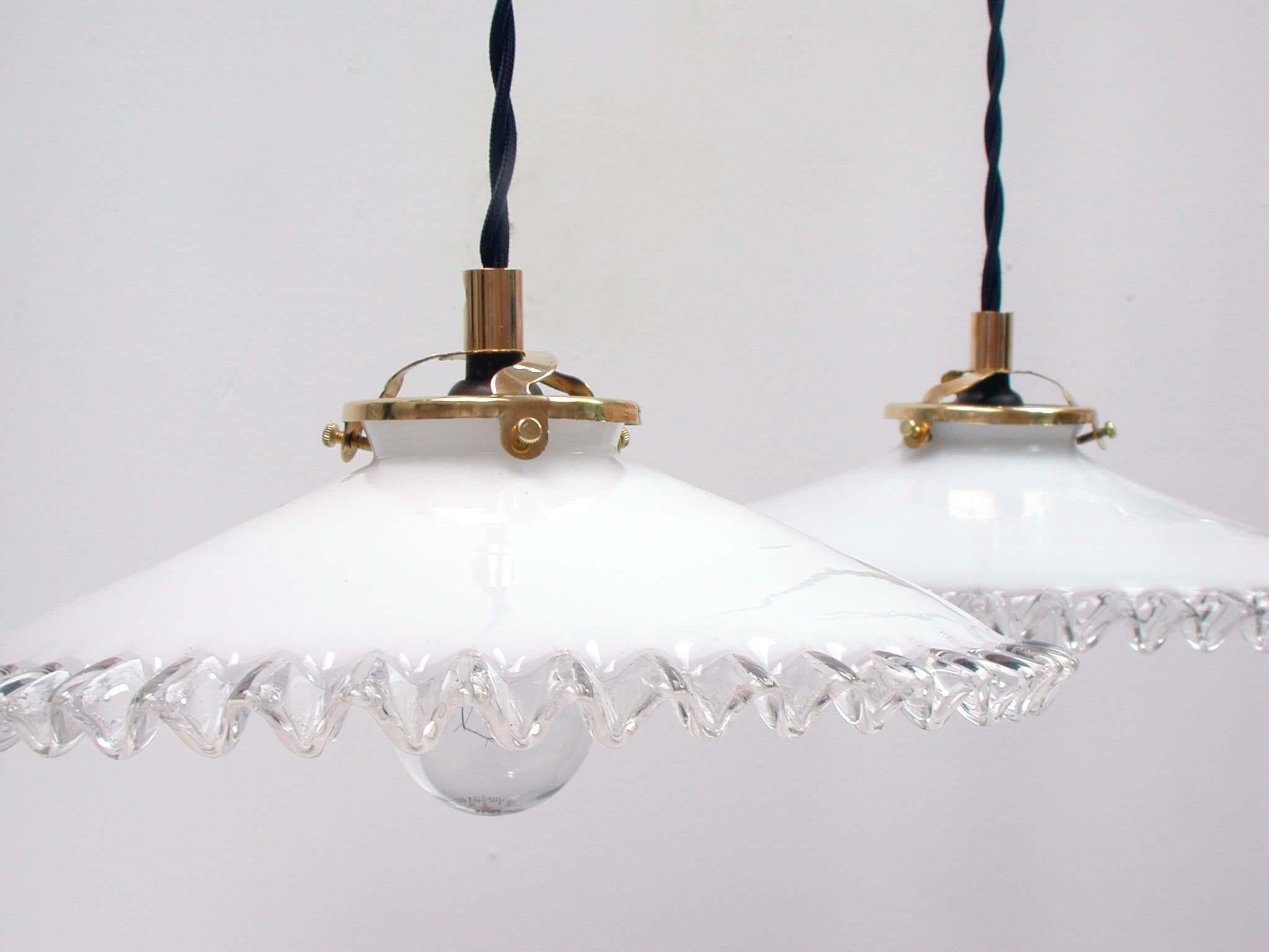 Midcentury French Opaline Glass Pendant Lamps, 1950s, Set of Two For Sale 1