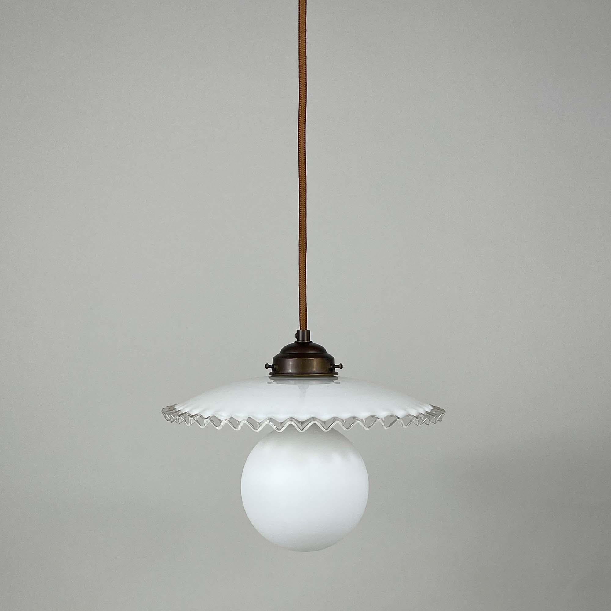 Brass Midcentury French Opaline Glass Pendant Light, 1950s For Sale