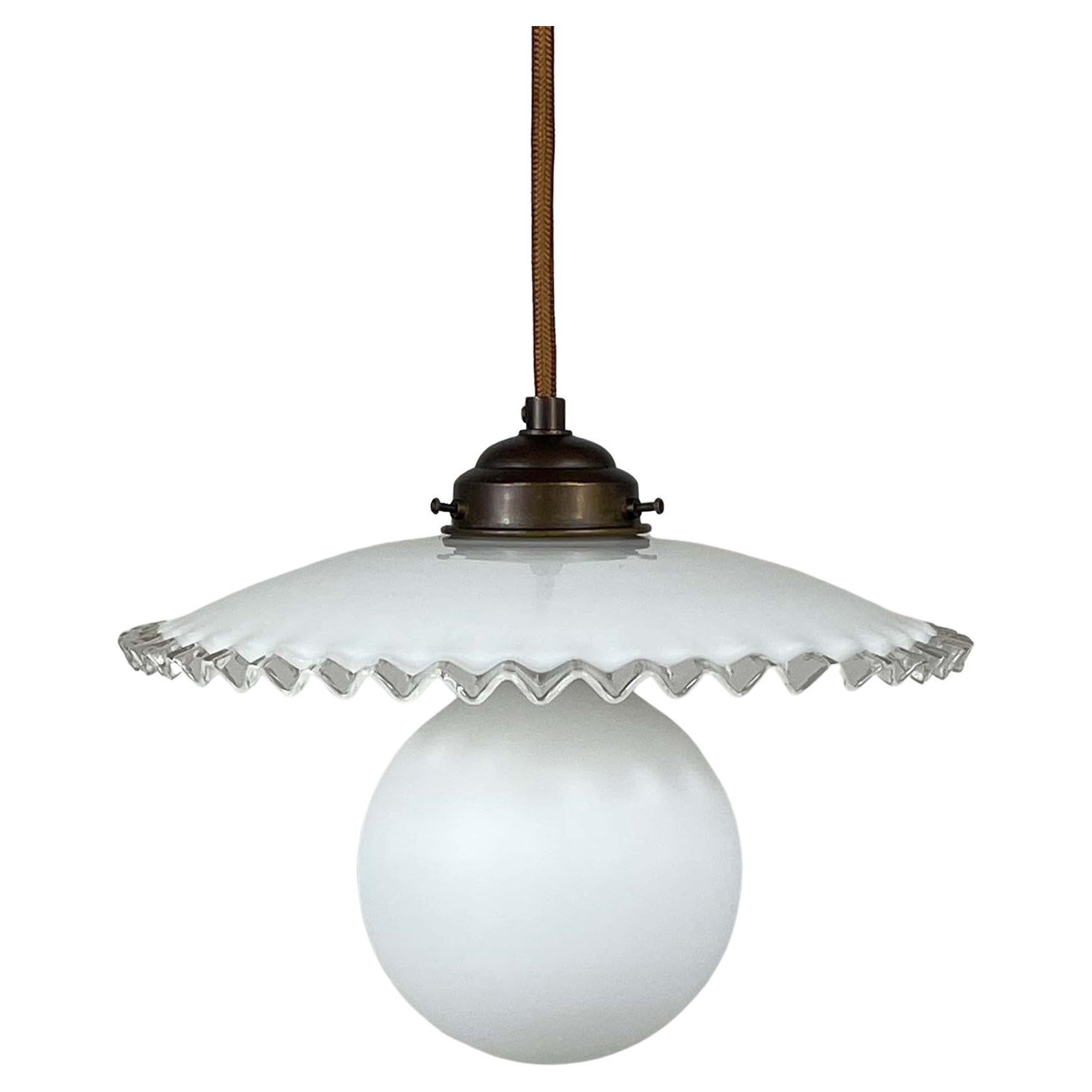 Midcentury French Opaline Glass Pendant Light, 1950s For Sale