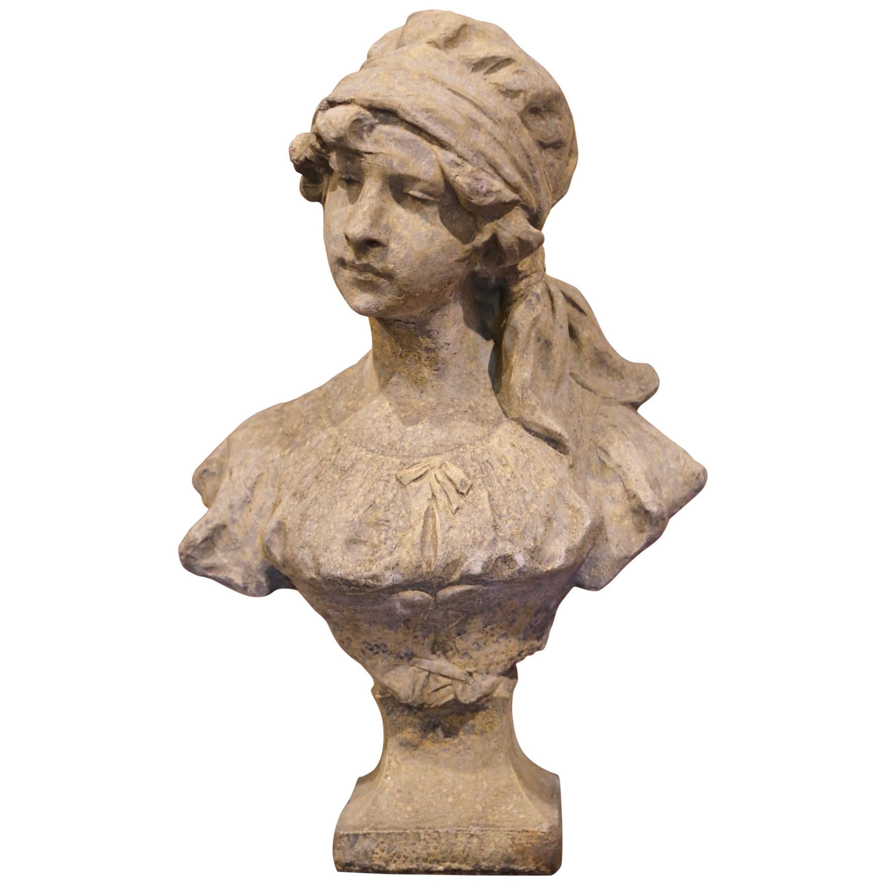 Midcentury French Outdoor Weathered Cast Stone Statuary Woman Bust