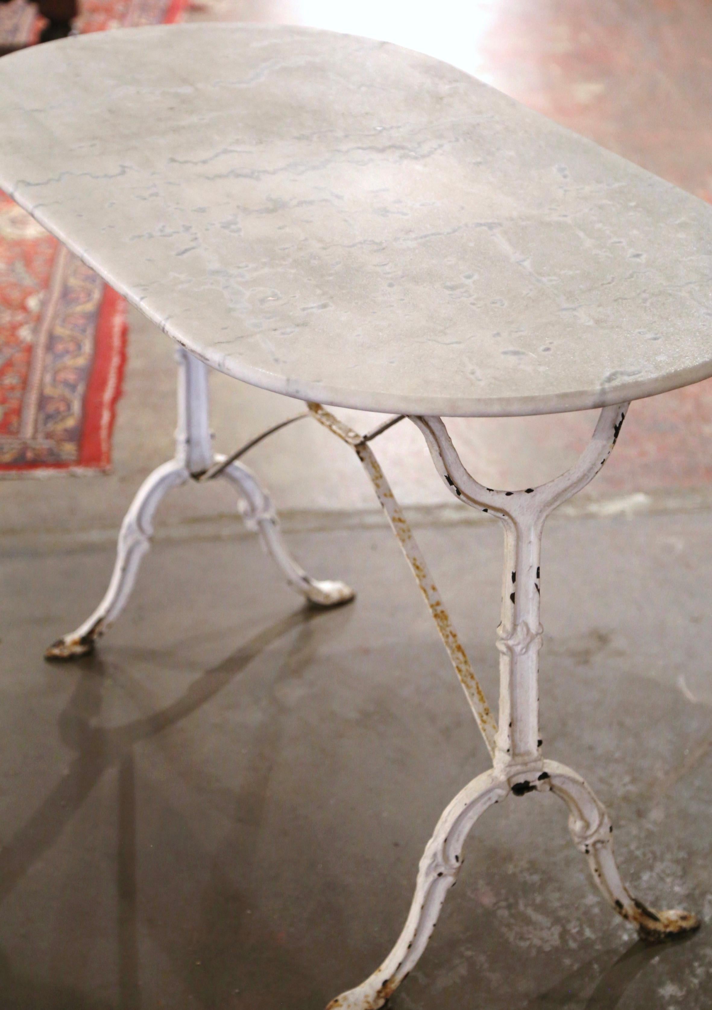 Hand-Crafted Midcentury French Oval White Marble Top and Painted Cast Iron Bistrot Table