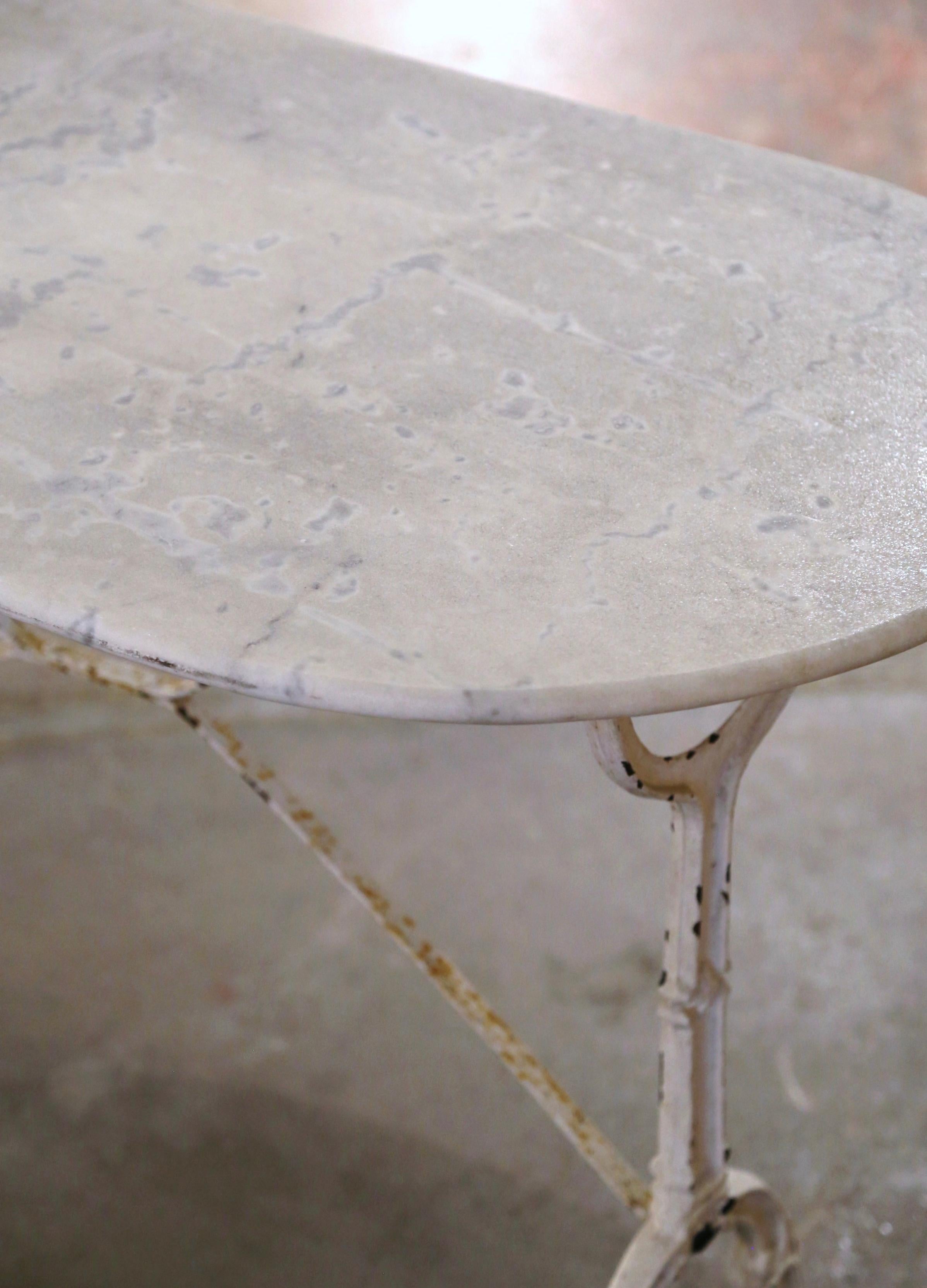 20th Century Midcentury French Oval White Marble Top and Painted Cast Iron Bistrot Table