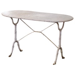 Midcentury French Oval White Marble Top and Painted Cast Iron Bistrot Table