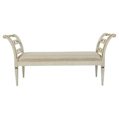 Midcentury French Painted and Gilt Upholstered Bench with Out-Scrolling Arms