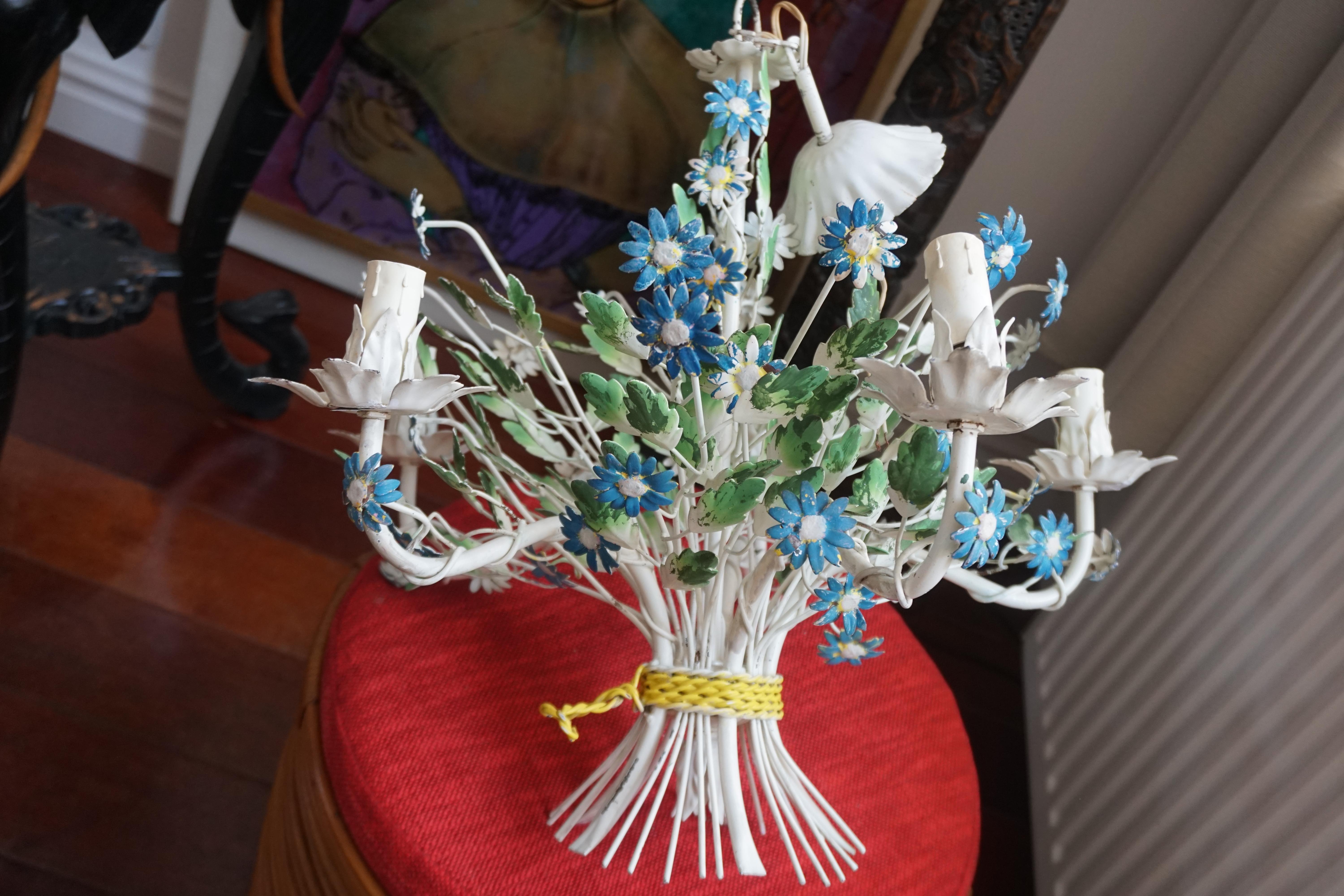 Midcentury French Painted Iron and Tole Chandelier with Flowers For Sale 5