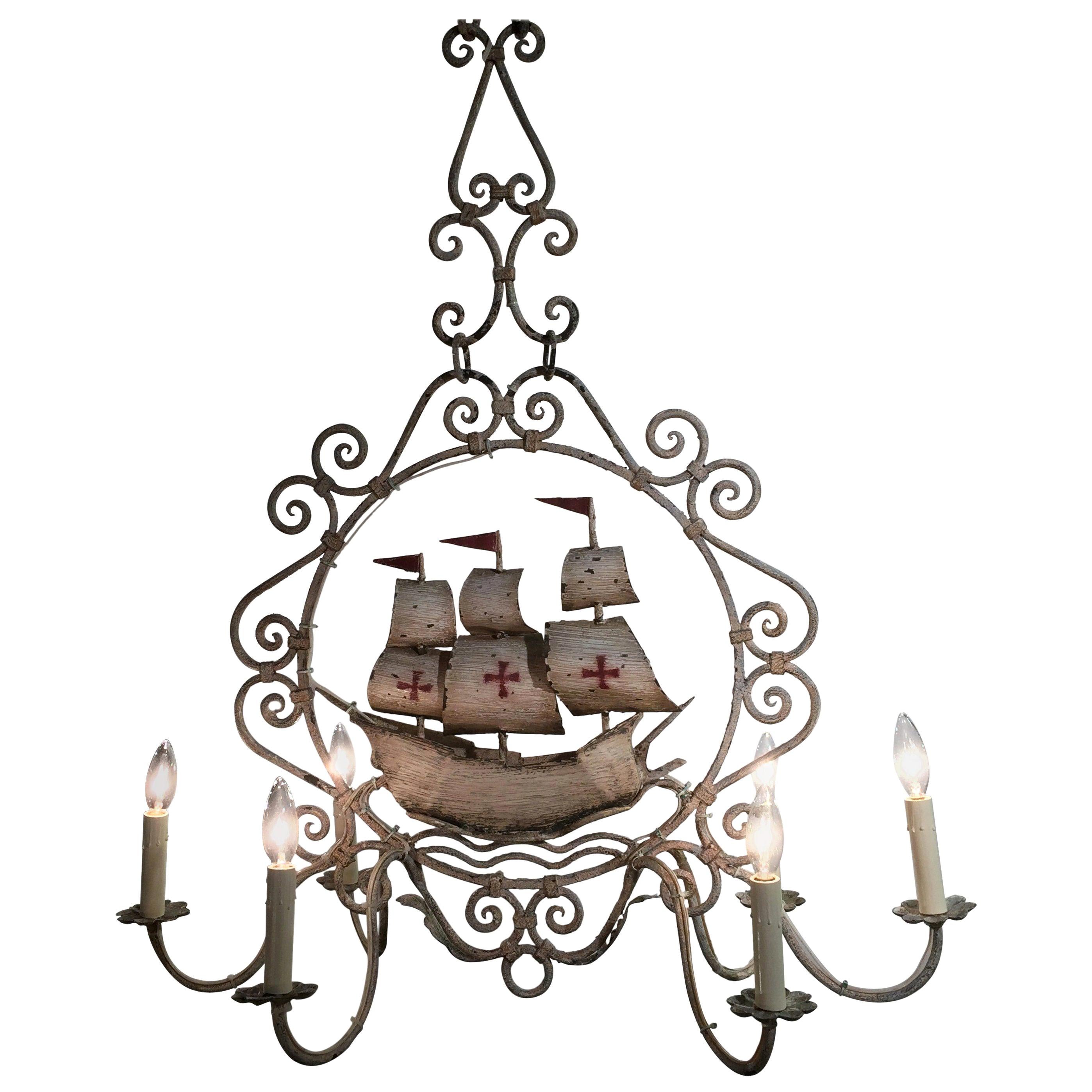Midcentury, French Painted Iron Six-Light Sailboat Chandelier