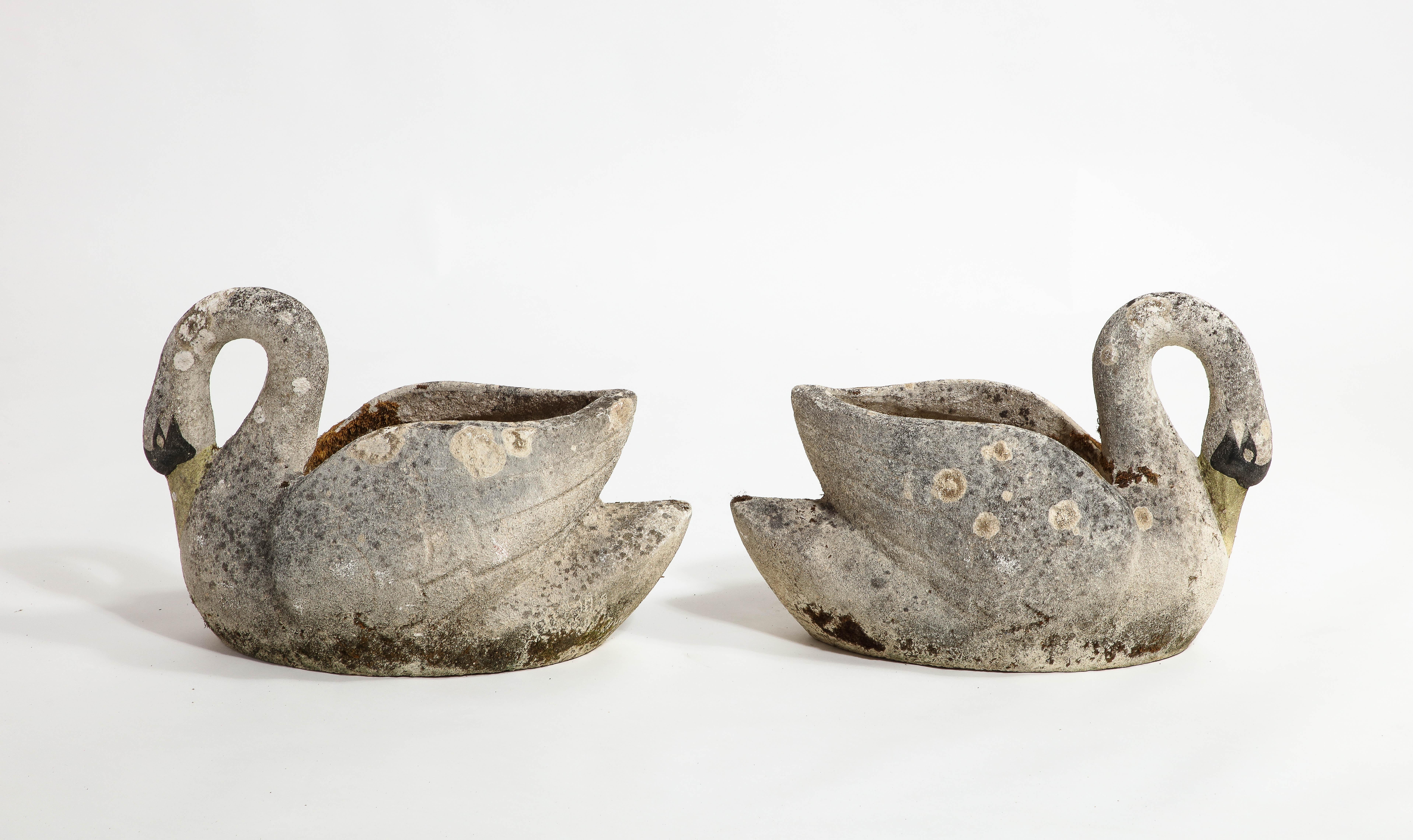 Paint Midcentury French Pair of Concrete Swan Planters For Sale