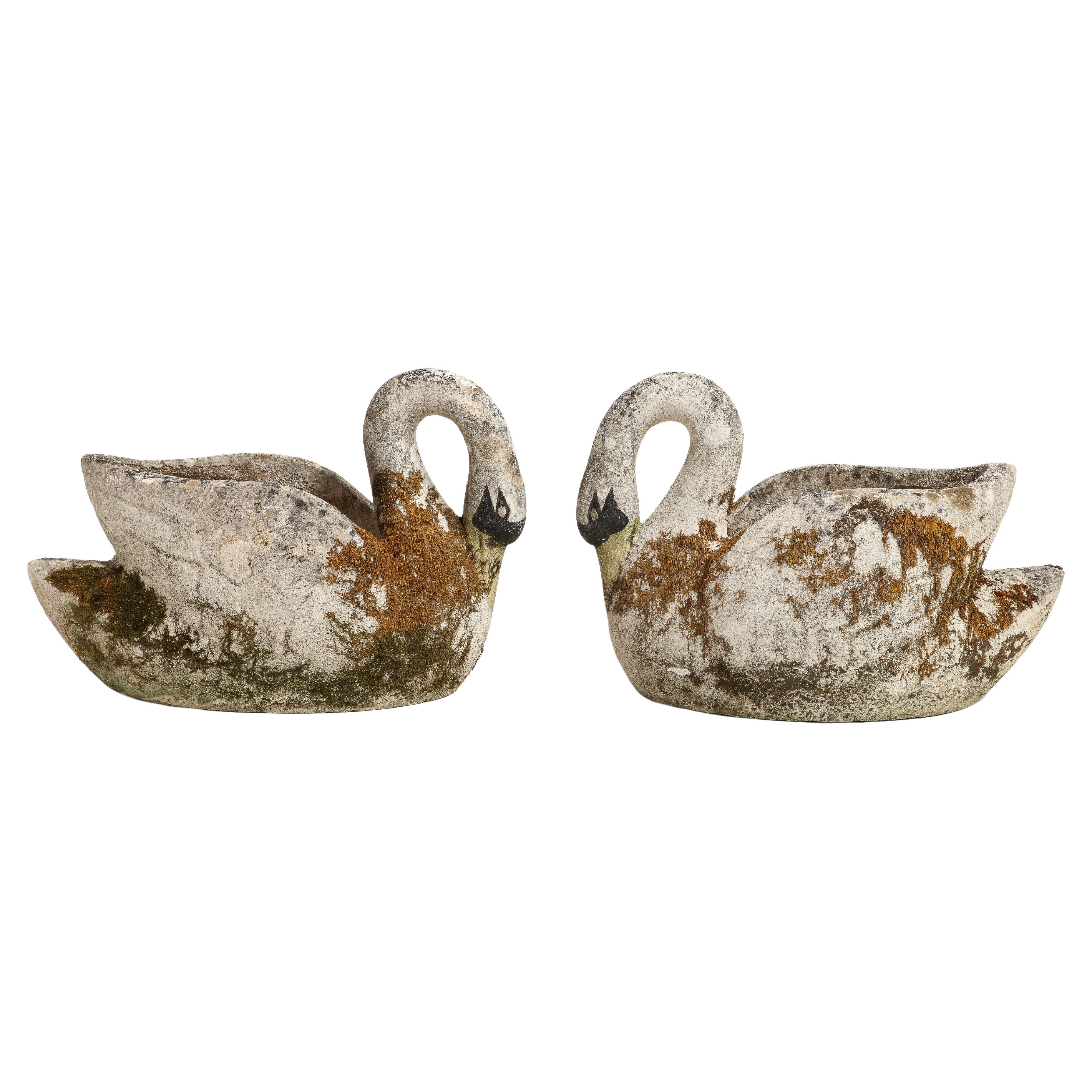 Midcentury French Pair of Concrete Swan Planters For Sale